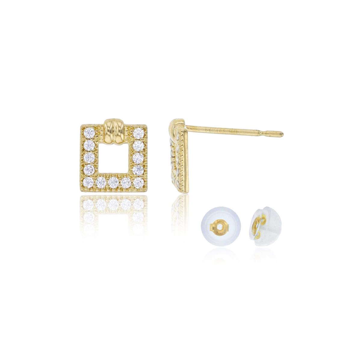 14K Yellow Gold 6x6mm Paved CZ Open Square Stud Earring with Silicone Back