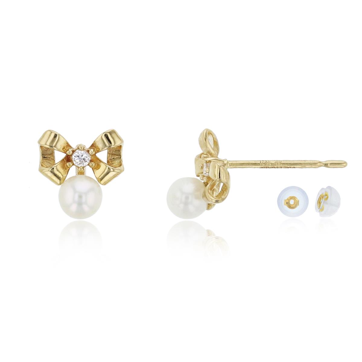 14K Yellow Gold 3mm Freshwater Pearl & Rd Cut CZ Bow Knot Stud Earring with Silicone Back