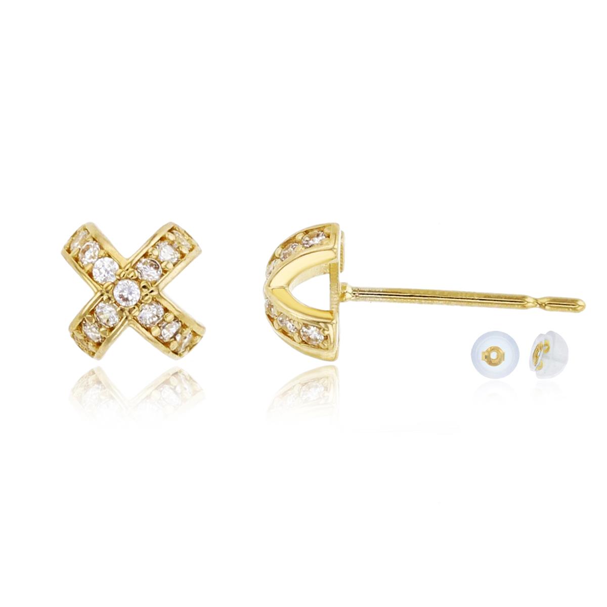 14K Yellow Gold 5x5mm Micropave CZ Domed "X" Stud Earring with Silicone Back