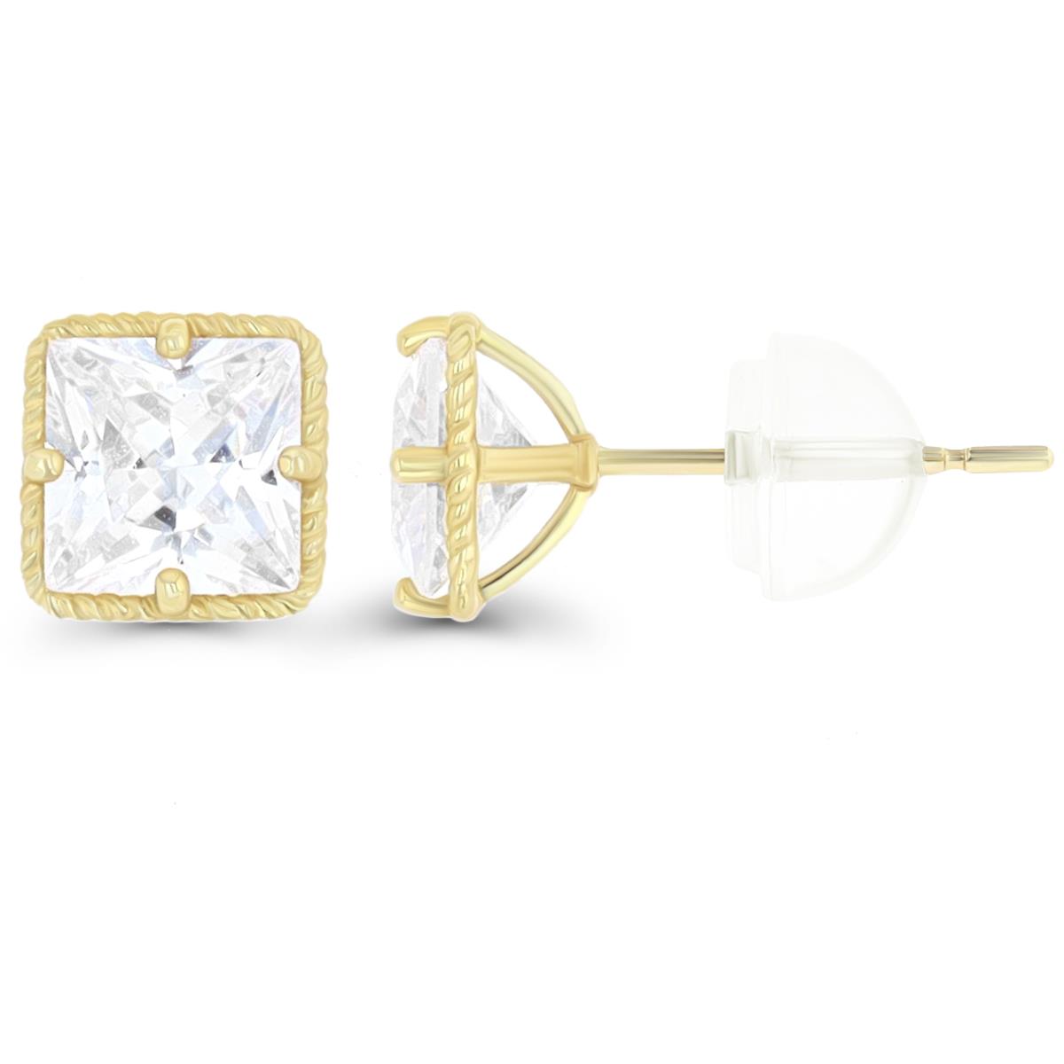 10K Yellow Gold 6mm Princess Cut CZ with Rope Frame Solitaire Stud Earring