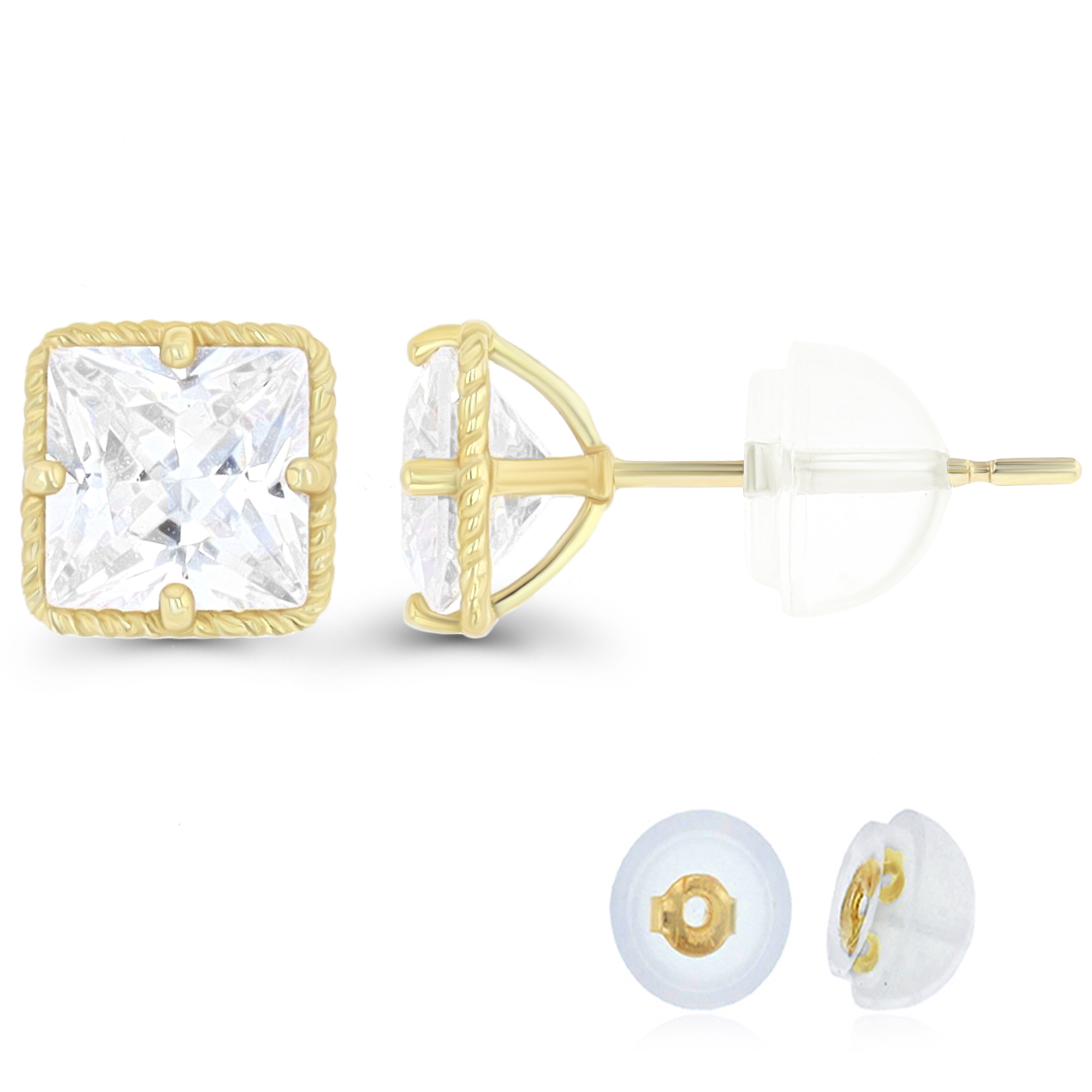 14K Yellow Gold 6mm Princess Cut CZ with Rope Frame Solitaire Stud Earring with Silicone Back