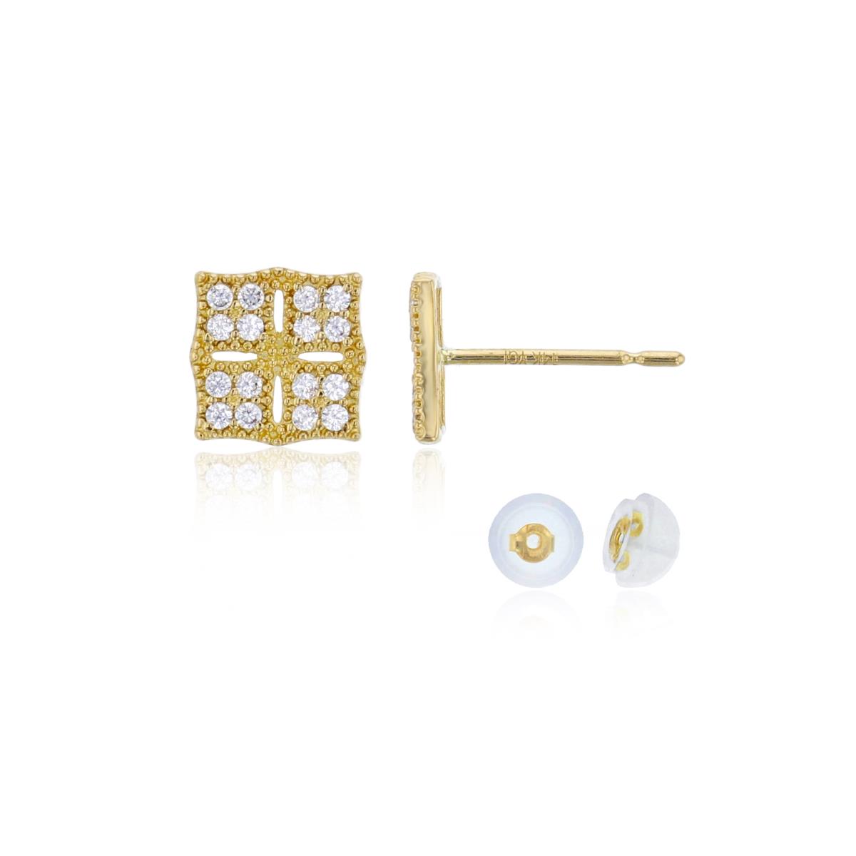 14K Yellow Gold 7x7mm Milgrain CZ Cushion Shaped Stud Earring with Silicone Back