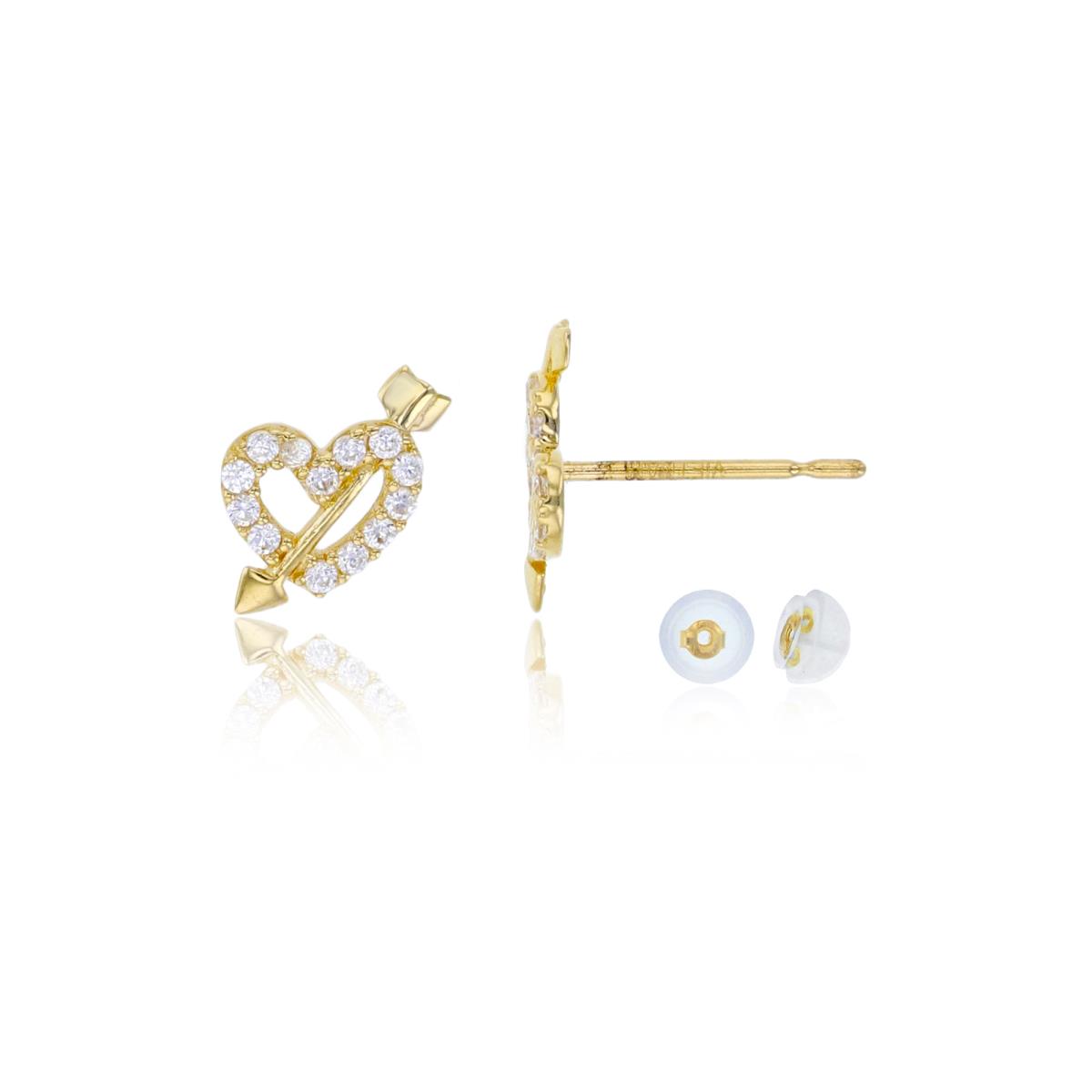 14K Yellow Gold 8x8mm Micropave CZ Cupid Heart Stud Earring with Silicone Back