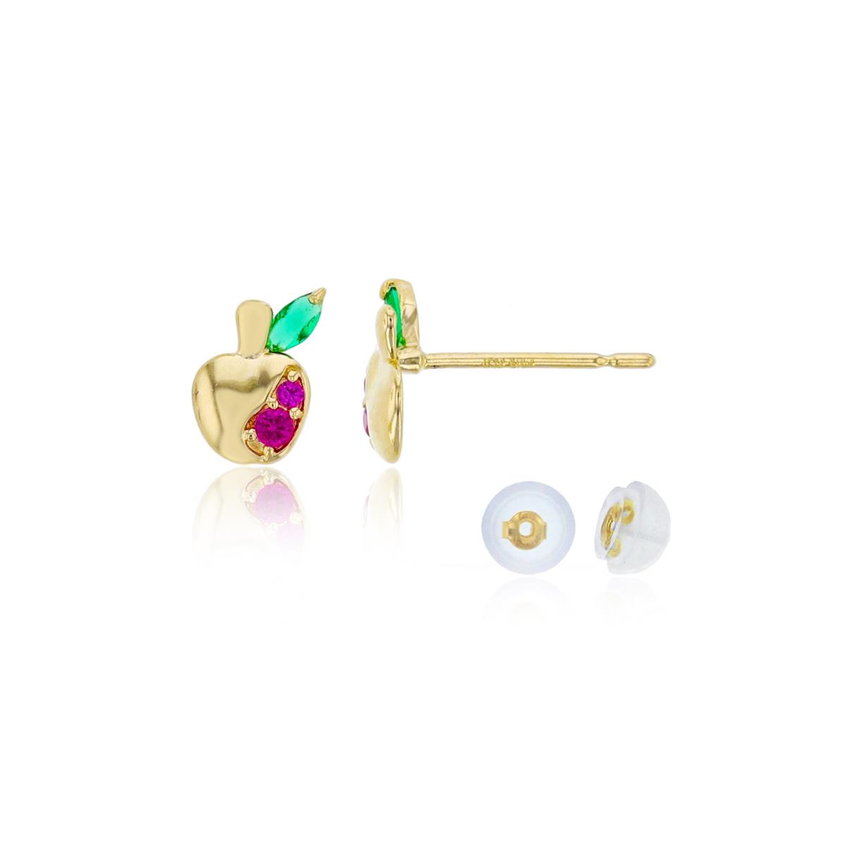 14K Yellow Gold 6x5mm Polished Apple with Ruby & Emerald CZ Stud Earring with Silicone Back