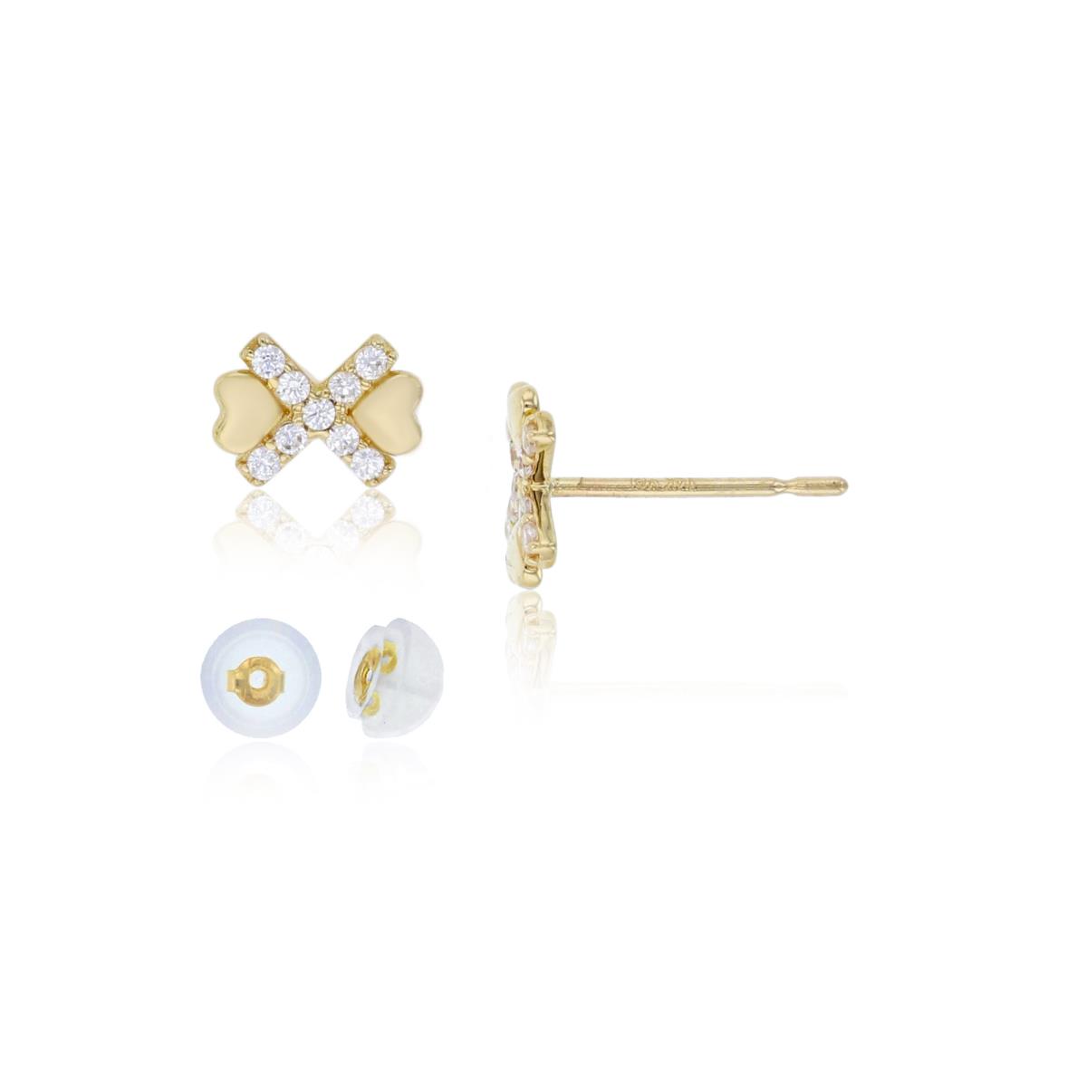 14K Yellow Gold 5x6mm Micropave CZ "X" & Polished Hearts Stud Earring with Silicone Back