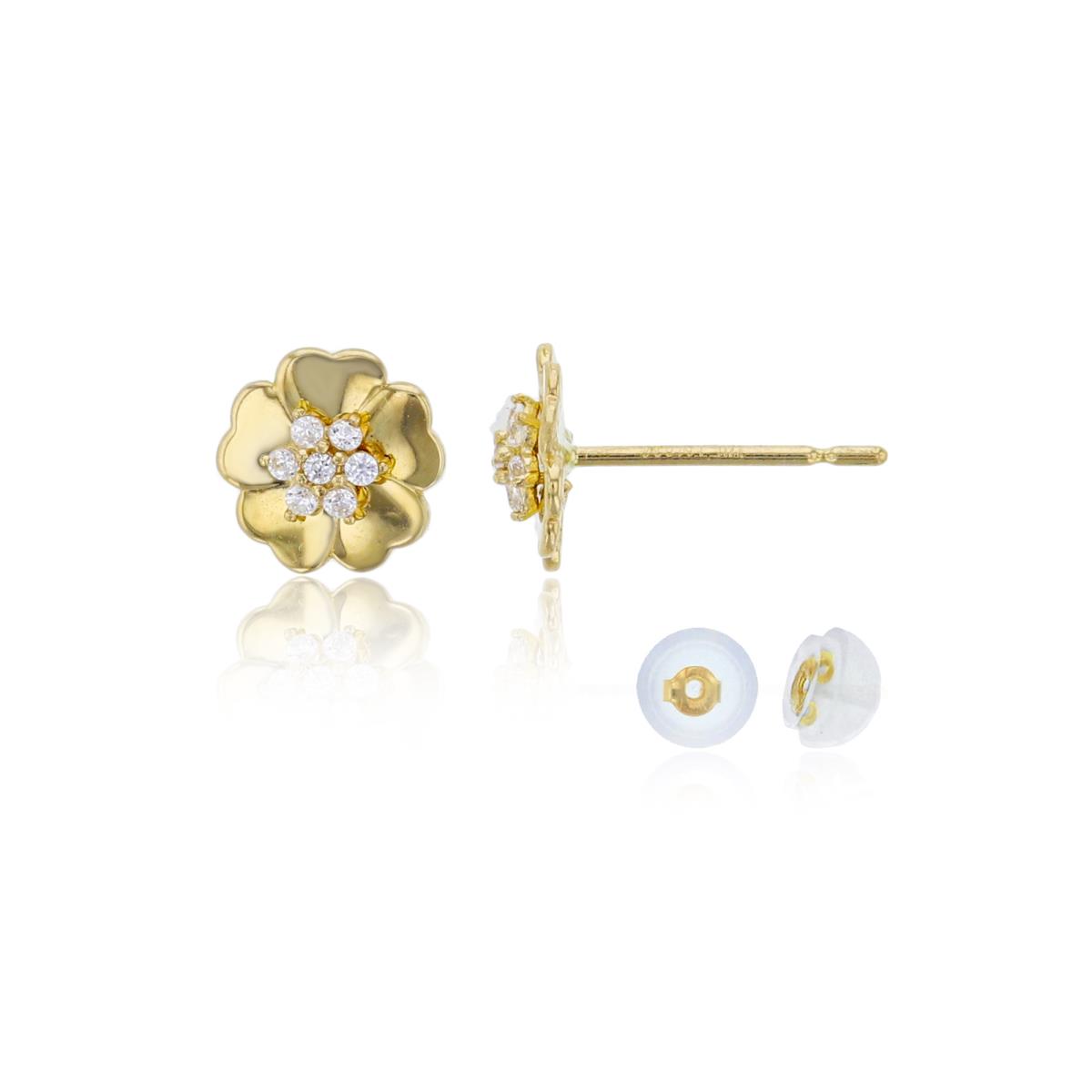 14K Yellow Gold 7x7mm Polished & CZ Flower Stud Earring with Silicone Back