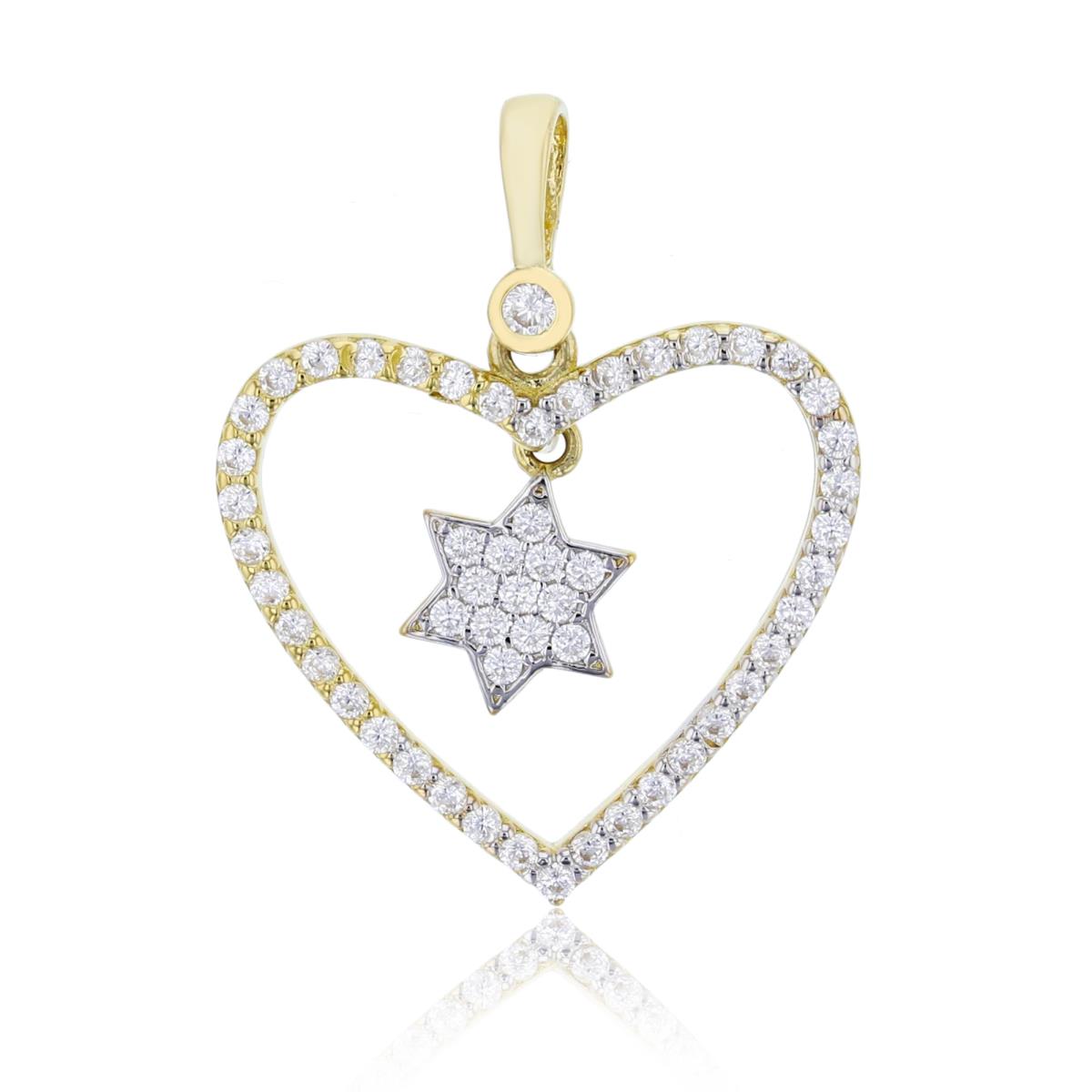 14K Two-Tone Gold Micropave Open Heart with Dangling Star Of David Pendant