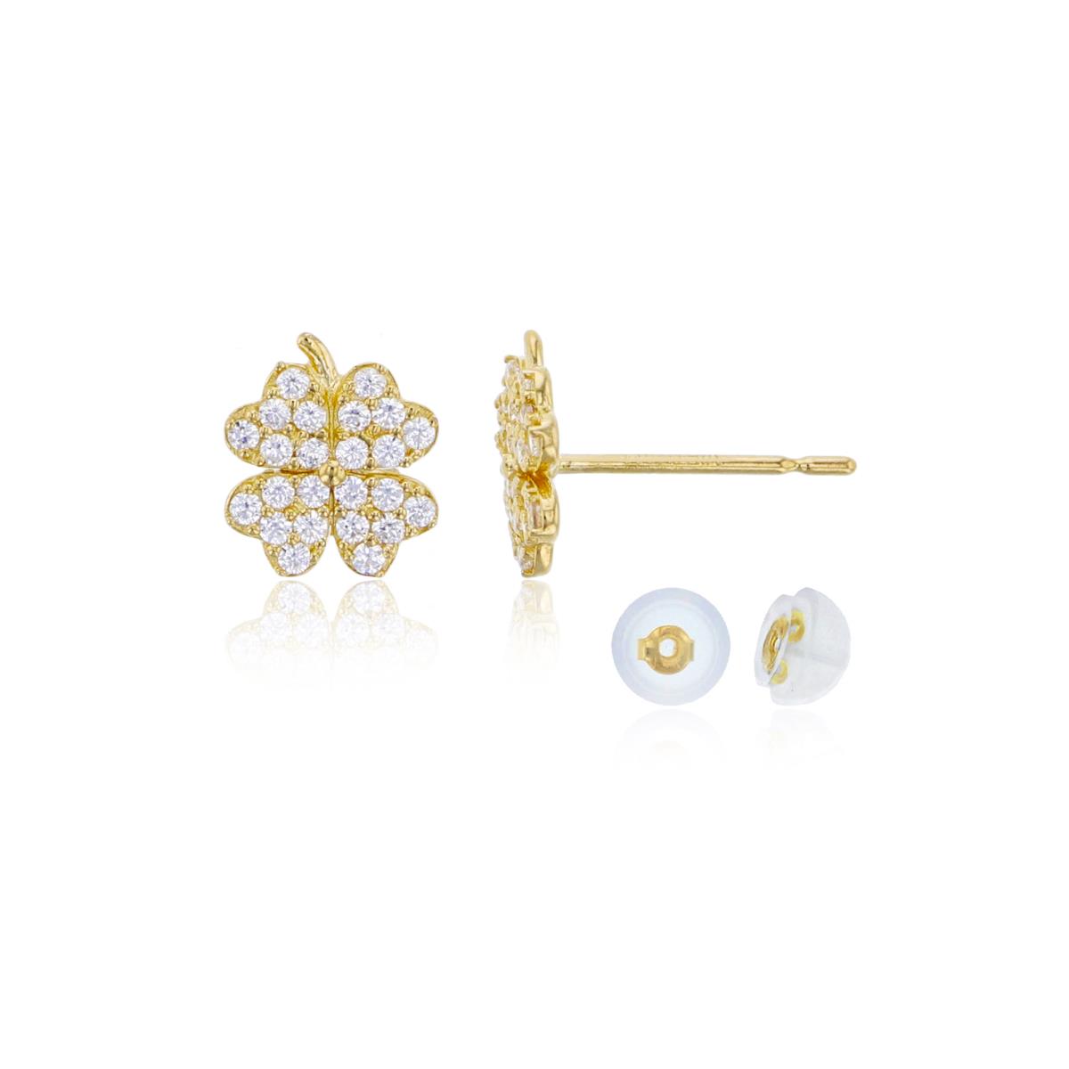 14K Yellow Gold 7x7mm Micropave CZ 4-Leaf Stud Earring with Silicone Back
