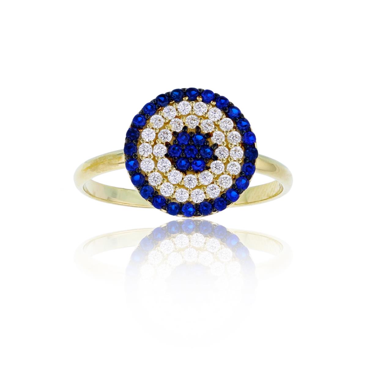 14K Yellow Gold 11mm Micropave Blue & White CZ Circle Evil Eye Fashion Ring