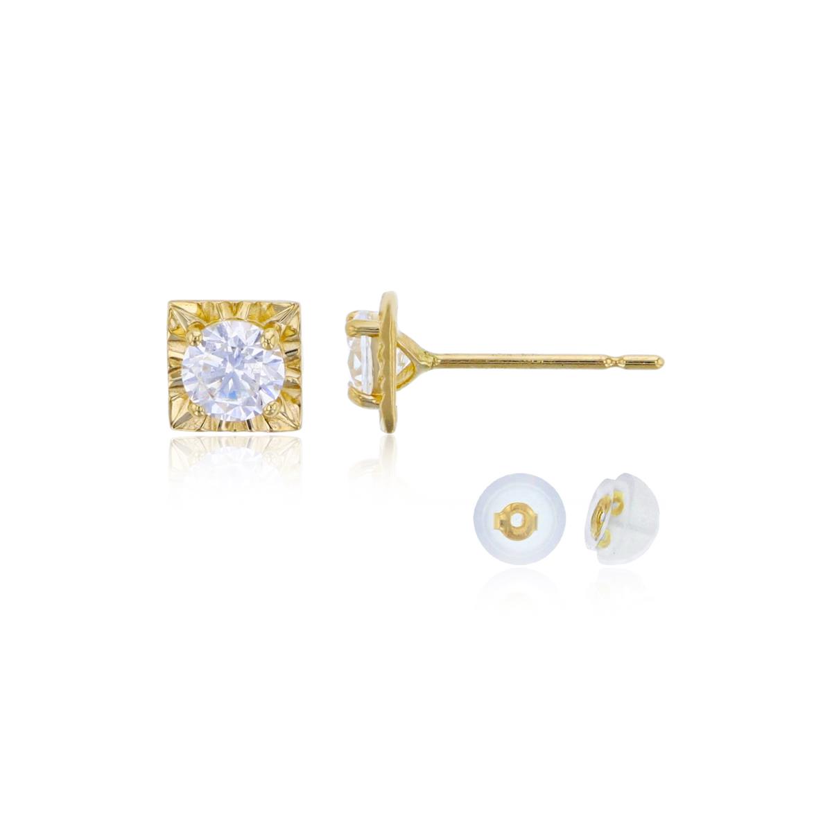 14K Yellow Gold 4mm Round Cut CZ with Diamond Cut Square Stud Earring with Silicone Back