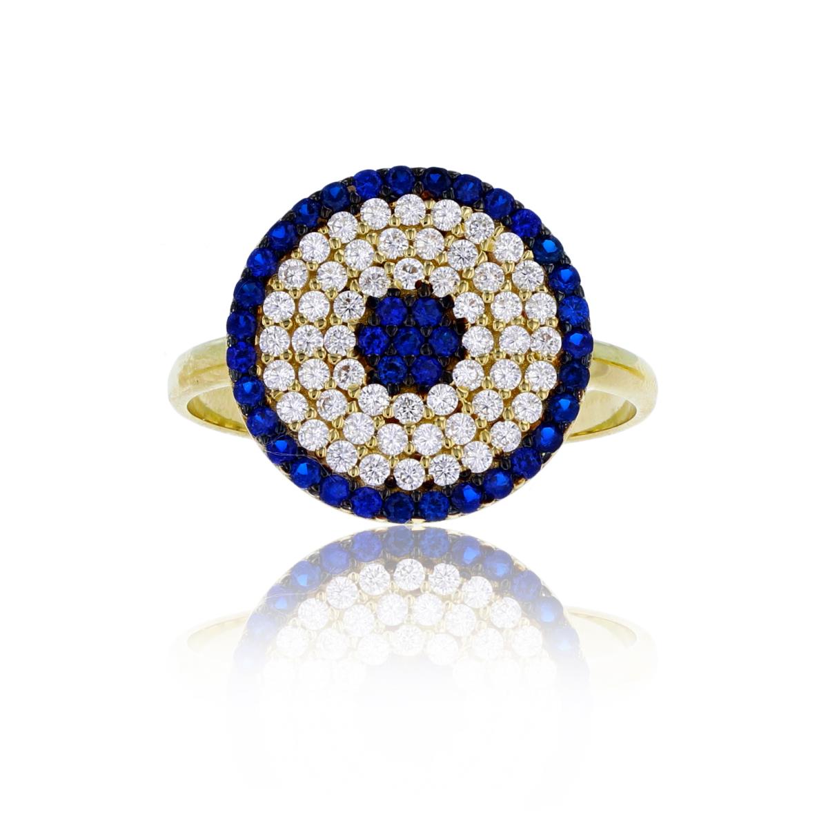 14K Yellow Gold 14mm Micropave Blue & White CZ Circle Evil Eye Fashion Ring