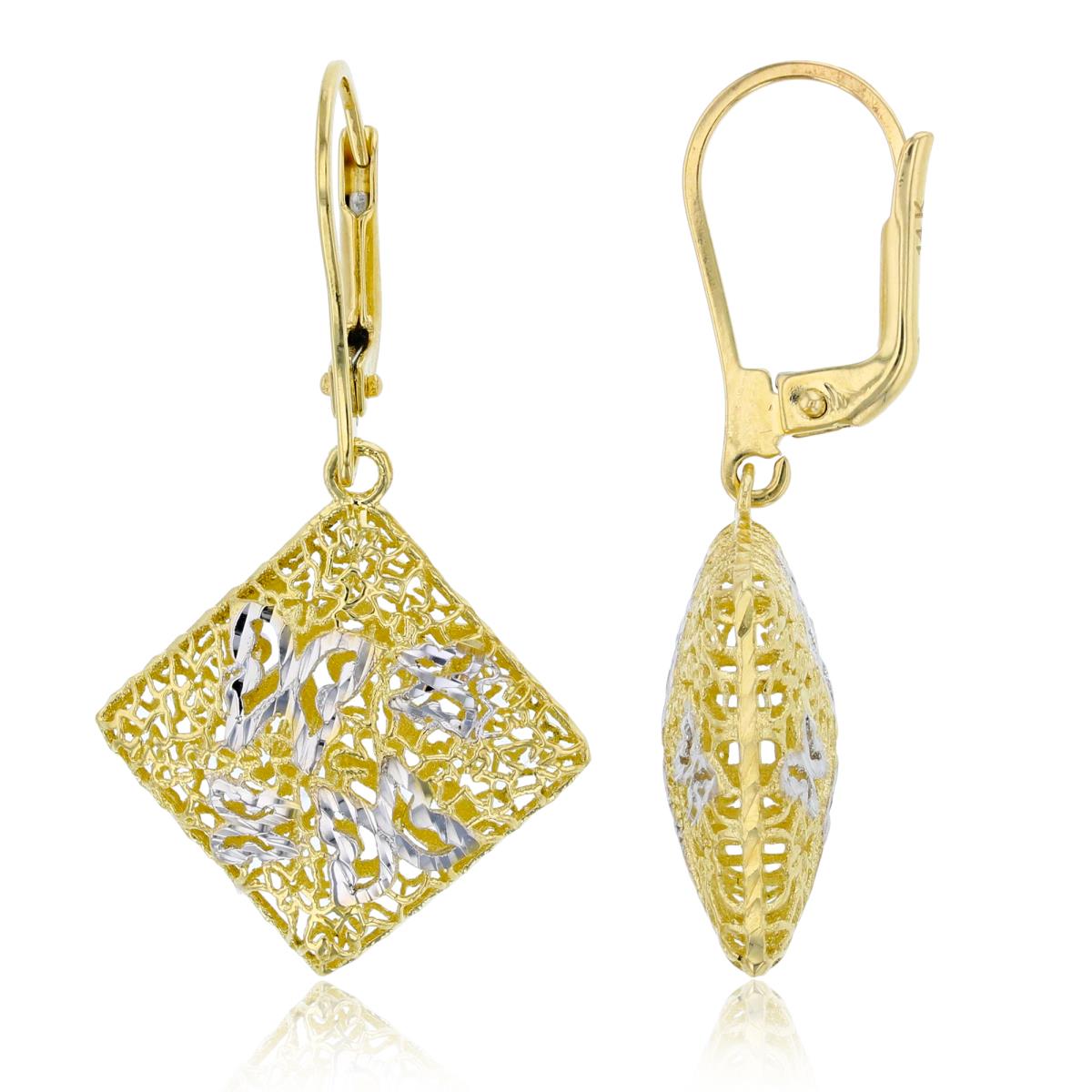 14K Two-Tone Gold Diamond Cut Butterfly Hollow Square Dangling Lever-Back Earring