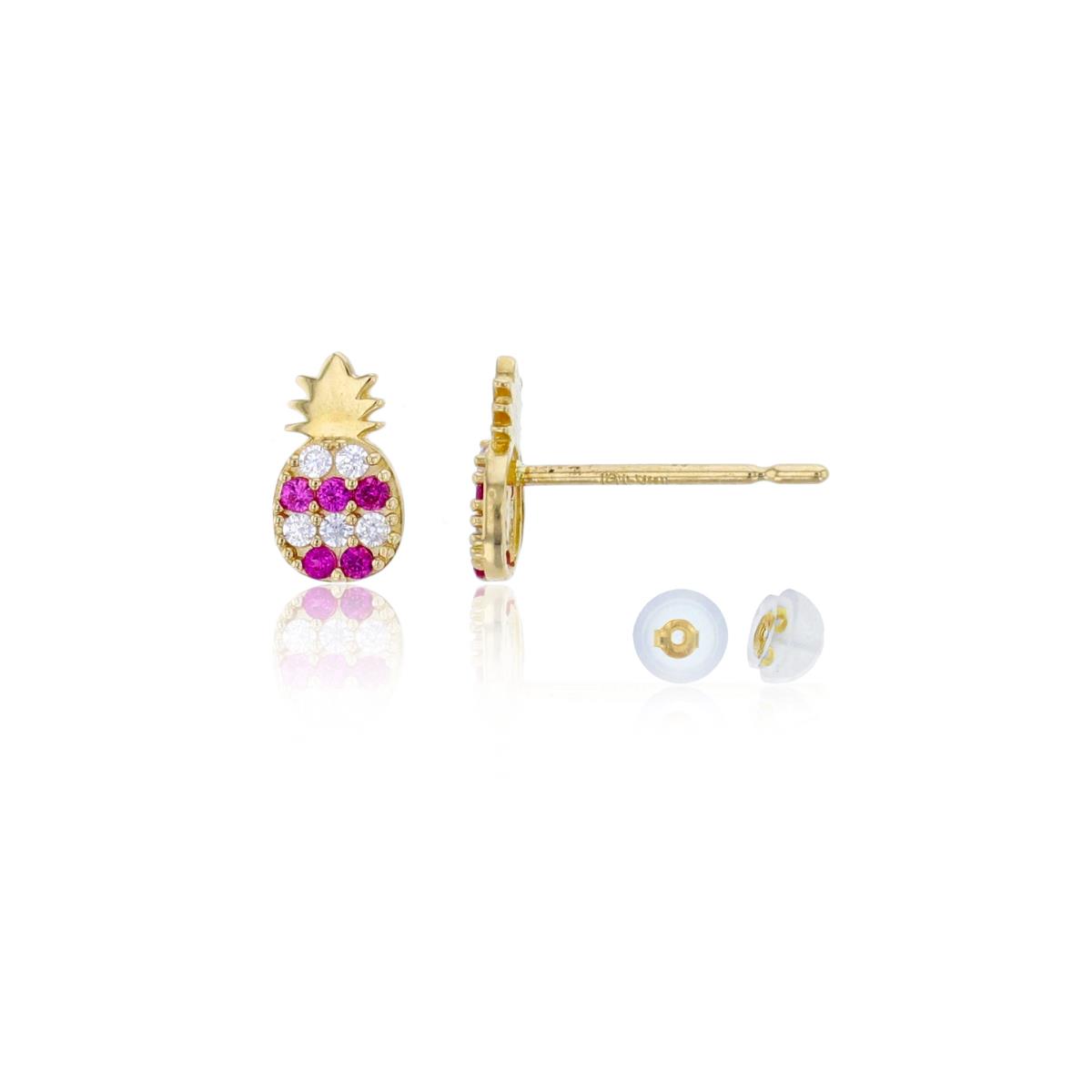 14K Yellow Gold Micropave Ruby & White CZ Pineapple Stud Earring with Silicone Back