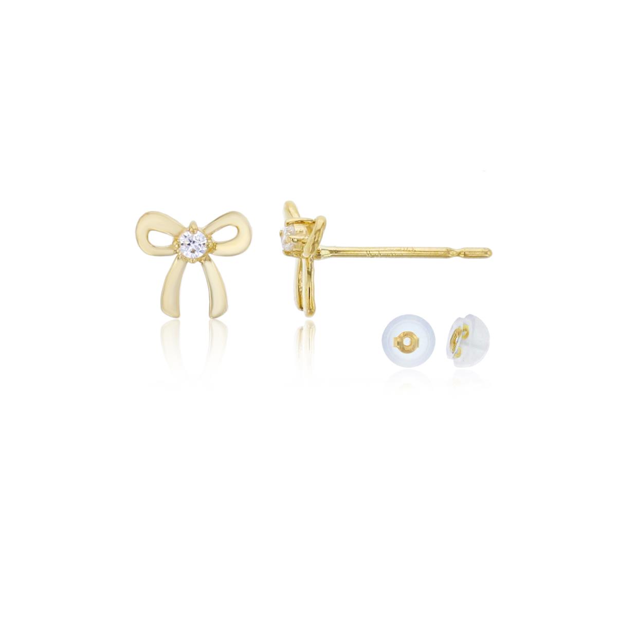 14K Yellow Gold 6x6mm Polished Bow Knot with Round Cut CZ Stud Earring with Silicone Back