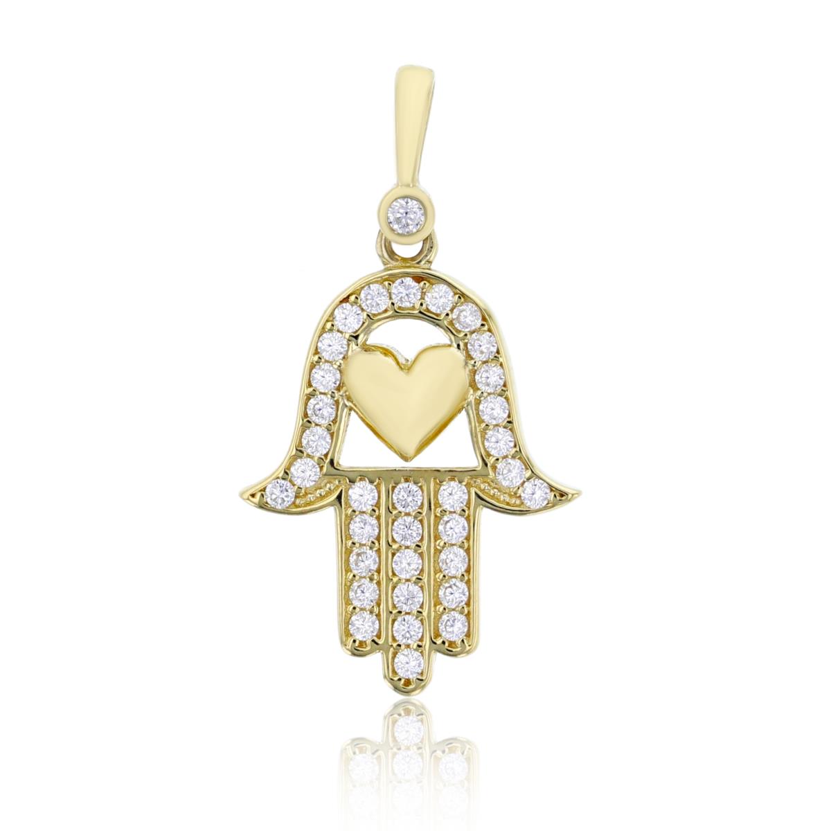 10K Yellow Gold 25x14mm Micropave Hamsa with Polished Heart Pendant