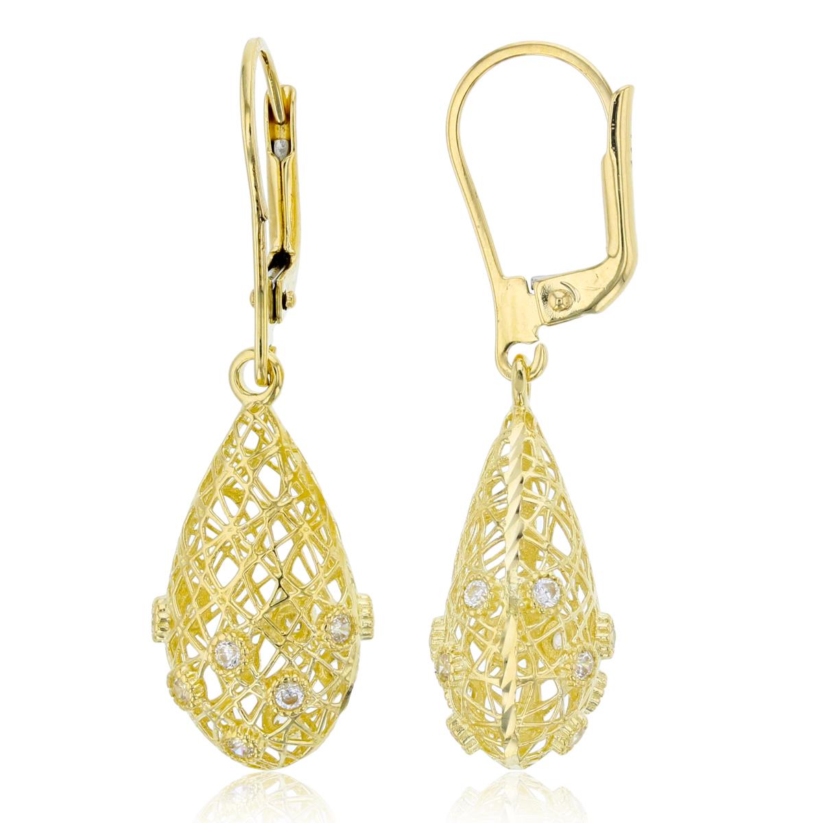 14K Yellow Gold 37x11mm Hollow Mesh Teardrop with Rd Cut CZ Dangling Leverback Earring