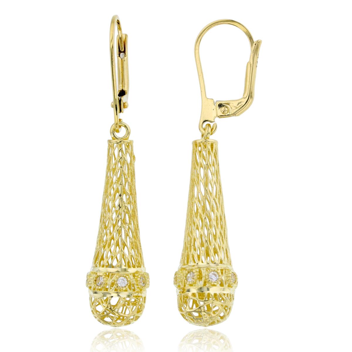 14K Yellow Gold Mesh Hollow Rounded Teardrop with CZ Ring Dangling Leverback Earring