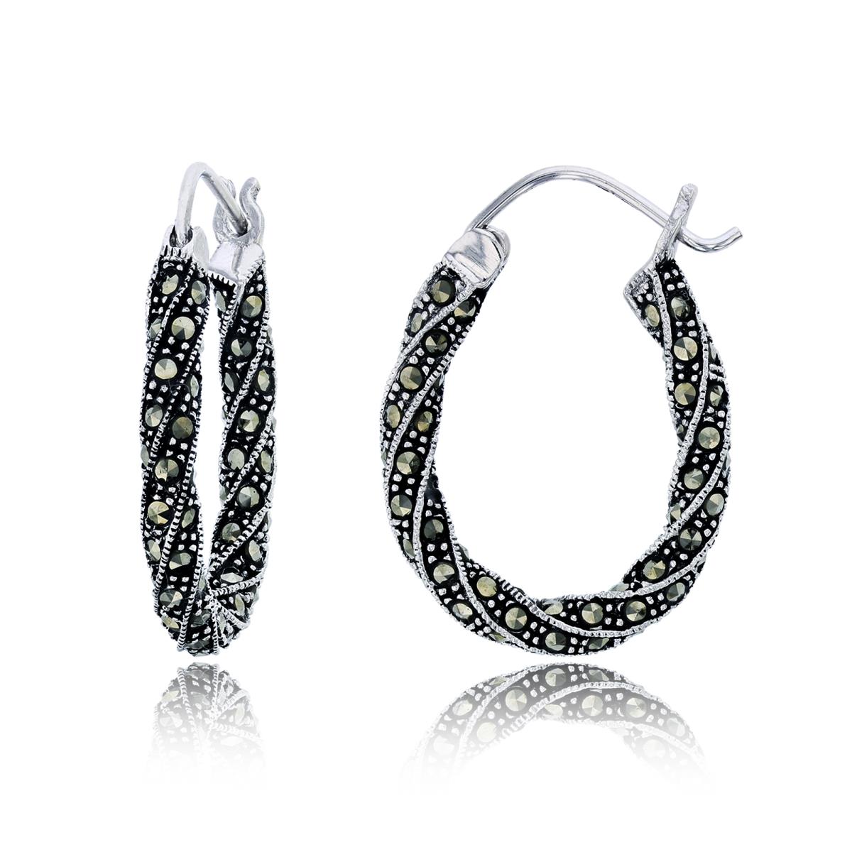 Sterling Silver Oxidized 30x4mm Pave Rd Cut Marcasite Twisted Milgrain Hoop Earring
