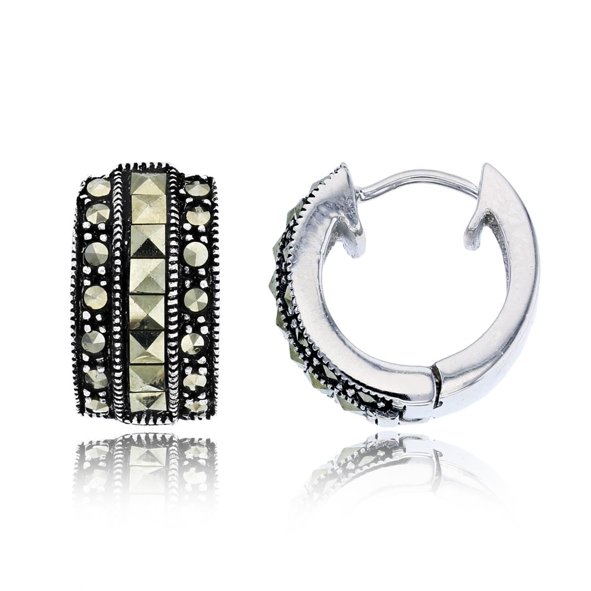 Sterling Silver Oxidized 15x8mm 3-Row Round & Square Cut Marcasite Milgrain Huggie Earring