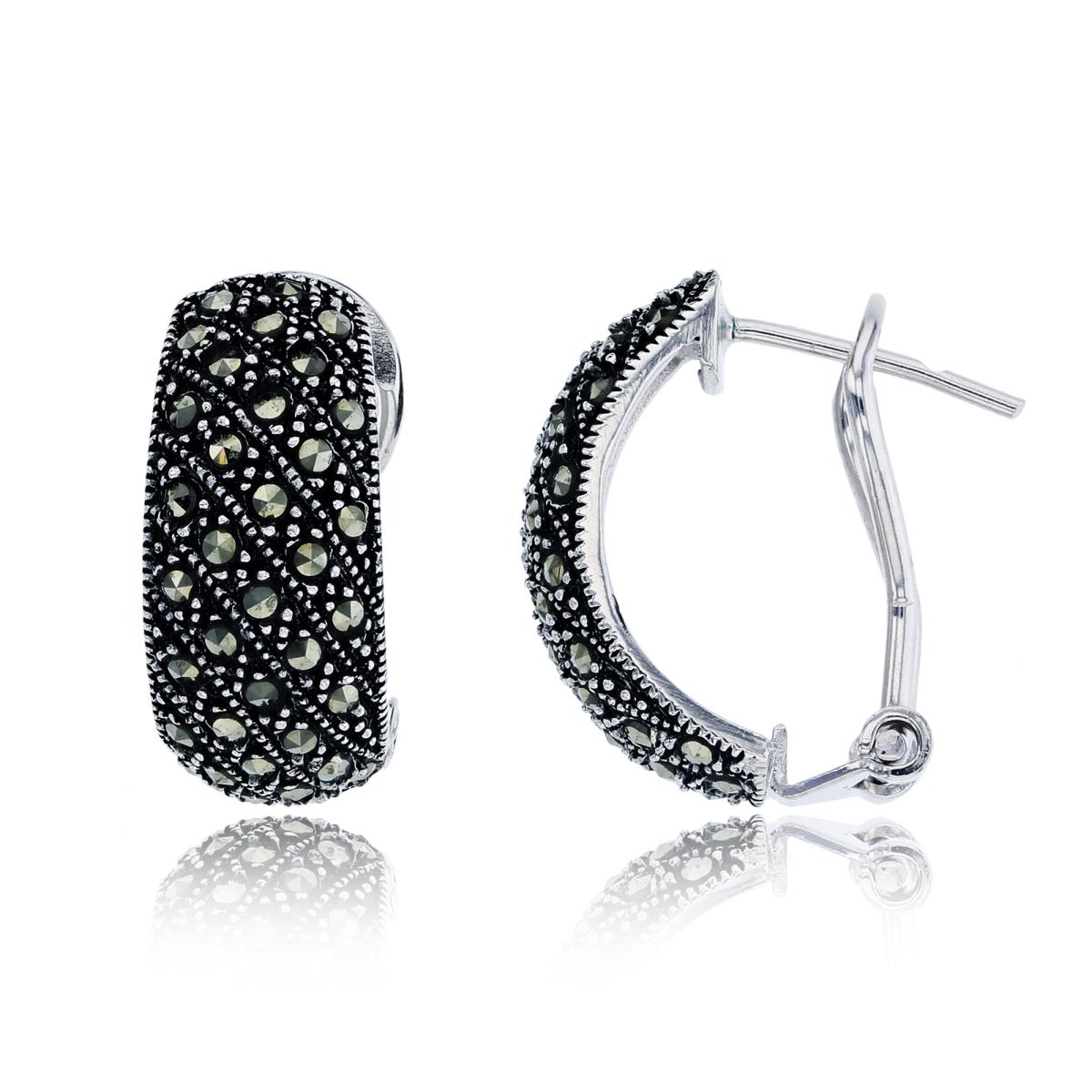 Sterling Silver Oxidized 20x9mm Paved Rd Cut Marcasite Milgrain Omega Back Earring