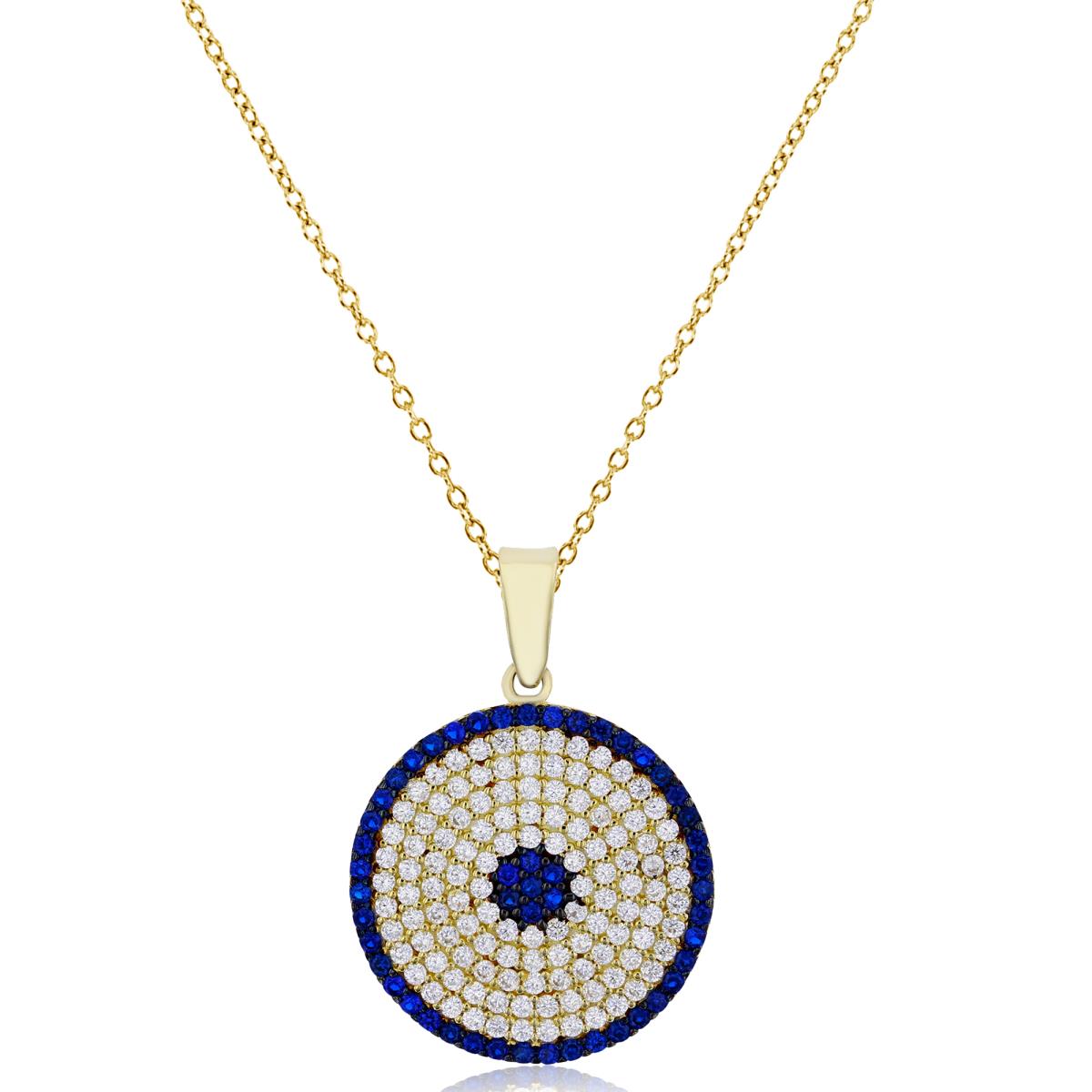 14K Yellow Gold Micropave Blue & White CZ Circle Evil Eye 18" Necklace