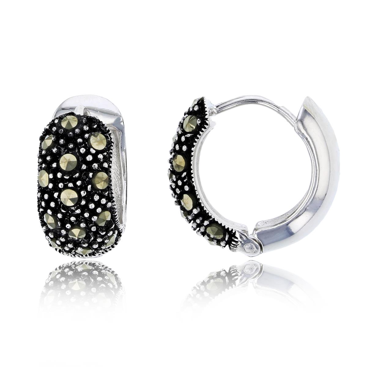 Sterling Silver Oxidized 15x7mm Pave Rd Cut Marcasite Milgrain Huggie Earring