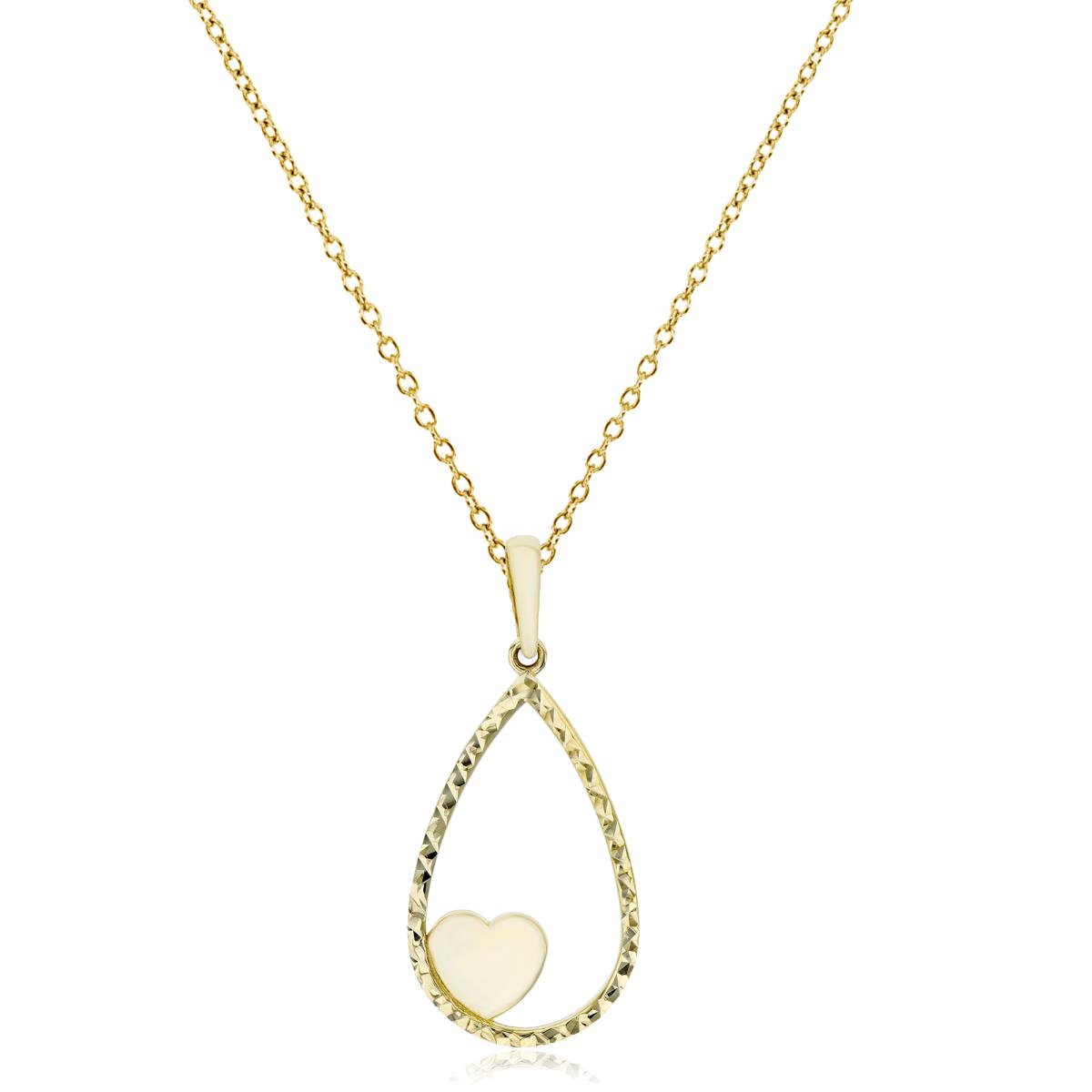 14K Yellow Gold Polished Heart within Diamond Cut Open Teardrop 18" Necklace