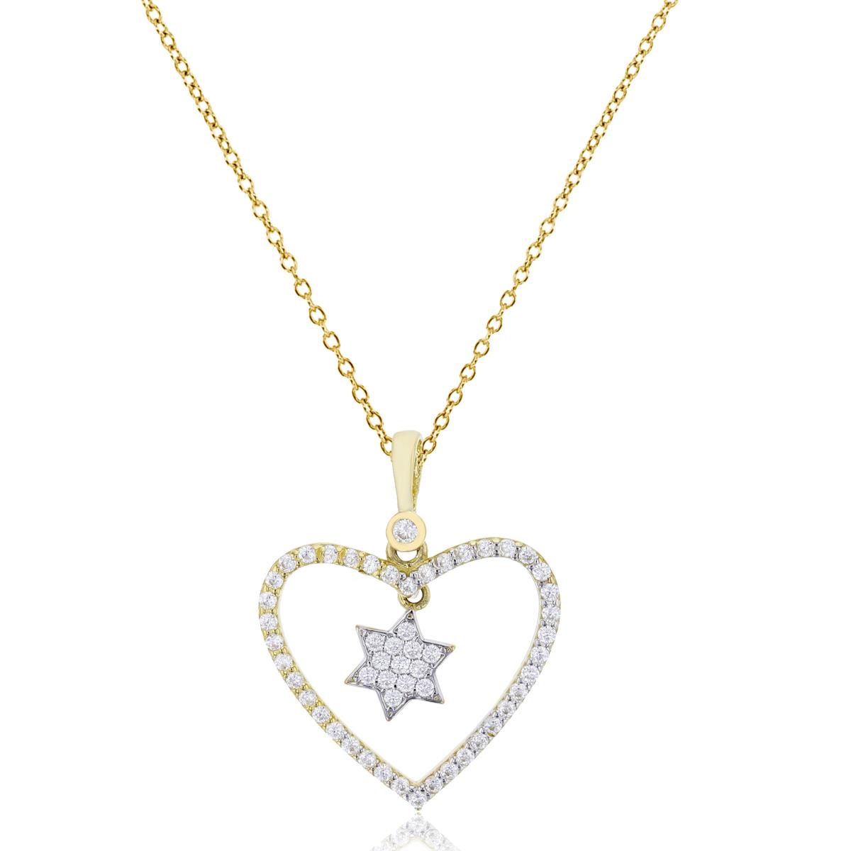 14K Two-Tone Gold Micropave Open Heart with Dangling Star Of David 18" Necklace