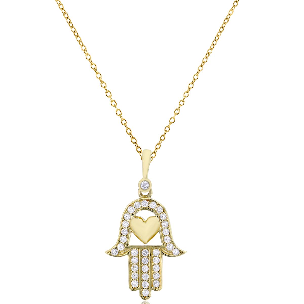 14K Yellow Gold 25x14mm Micropave Hamsa with Polished Heart 18" Necklace