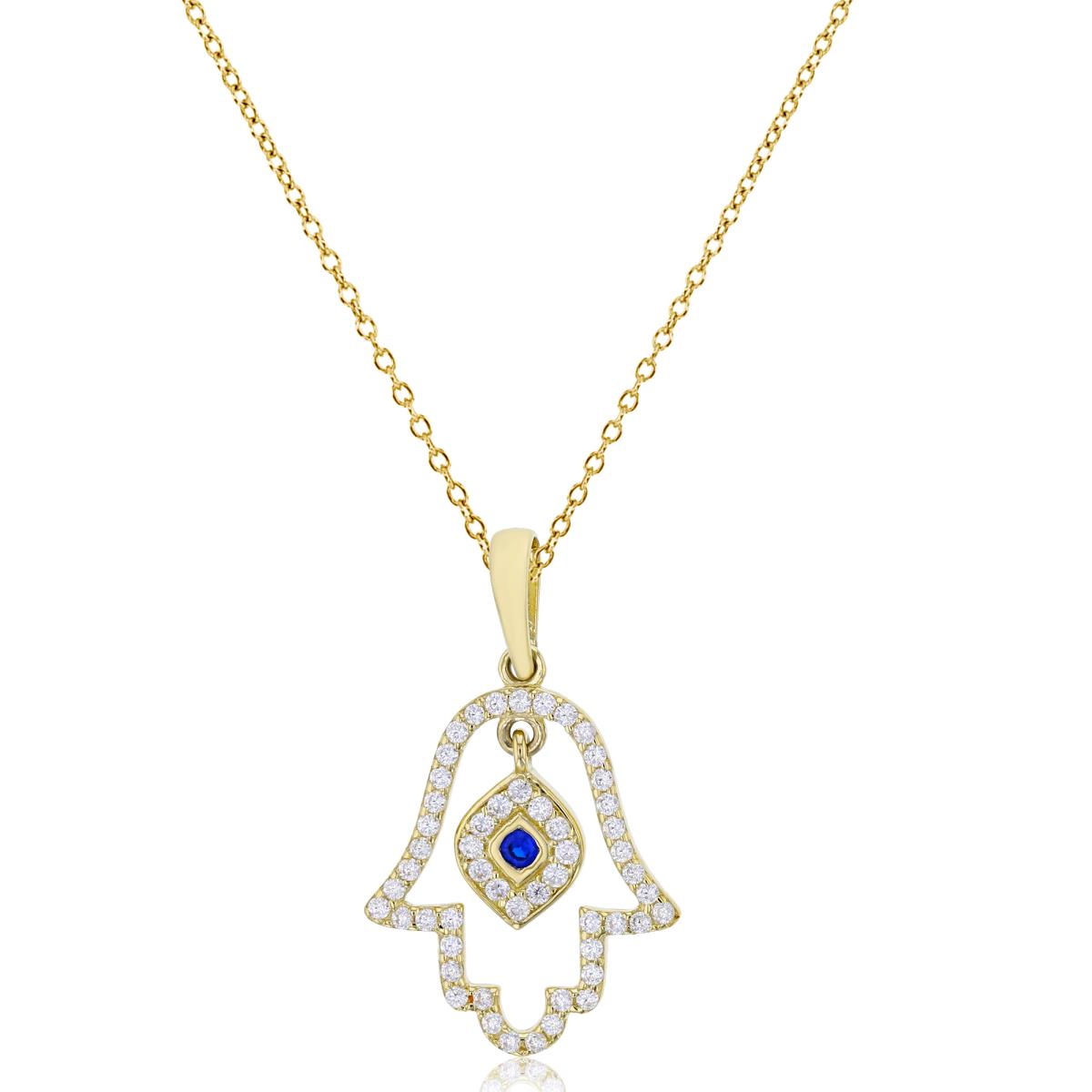 14K Yellow Gold Blue & White CZ Open Hamsa with Dangling Evil Eye 18" Necklace