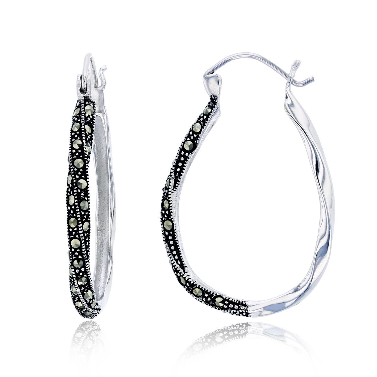 Sterling Silver Oxidized 42x4mm Paved Marcasite Twisted Oval-Shaped Hoop Earring