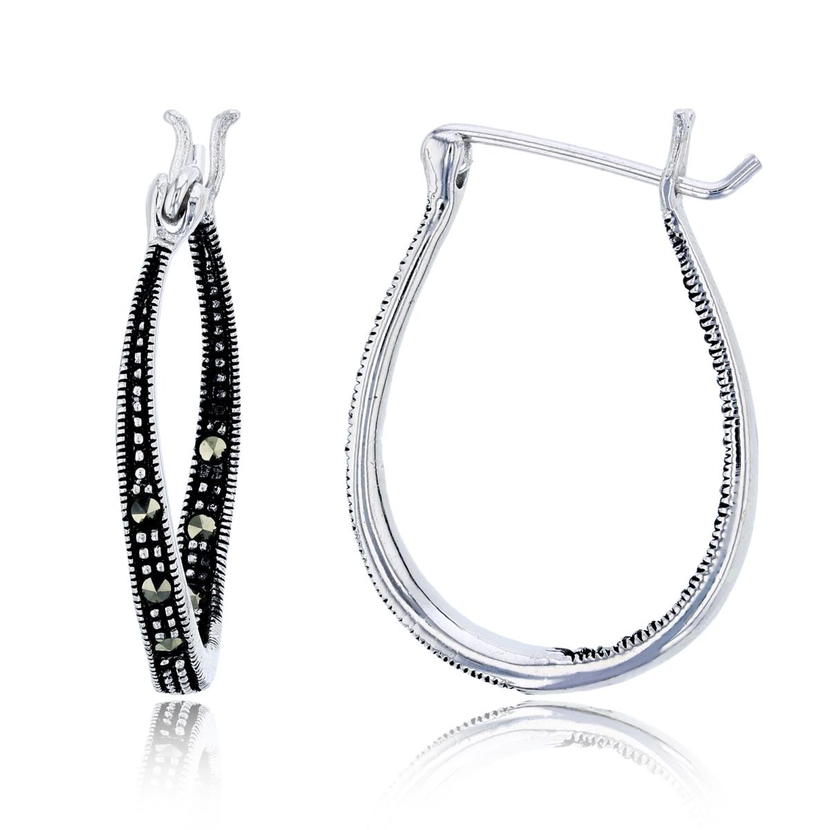 Sterling Silver Oxidized 27x3mm Rd Cut Marcasite Milgrain Pear-Shaped Hoop Earring