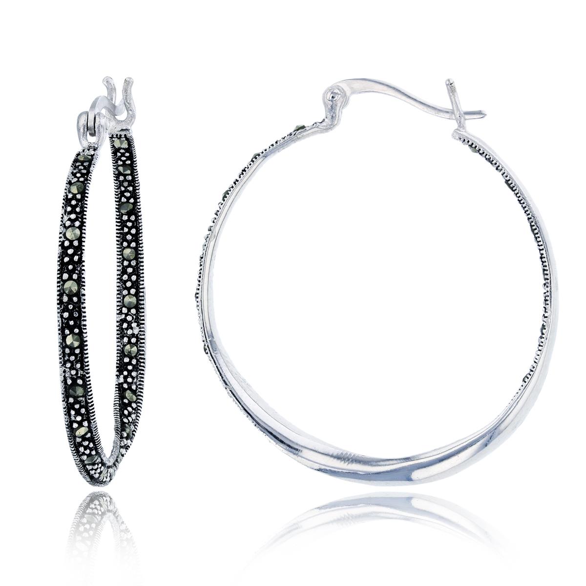 Sterling Silver Oxidized 35x3mm Rd Cut Marcasite Twisted Milgrain Hoop Earring