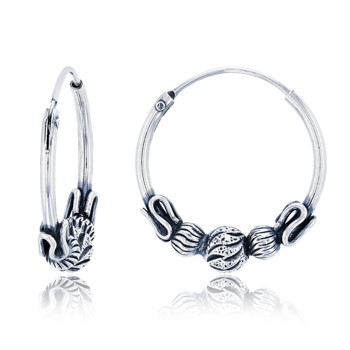 Sterling Silver Oxidized 17x4mm Snake Wire & Triple Diamond Cut Bead Hoop Earring