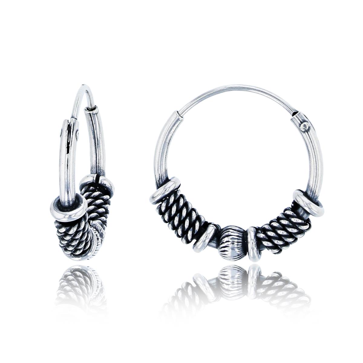 Sterling Silver Oxidized 15x3mm Diamond Cut Bead & Rope Hoop Earring