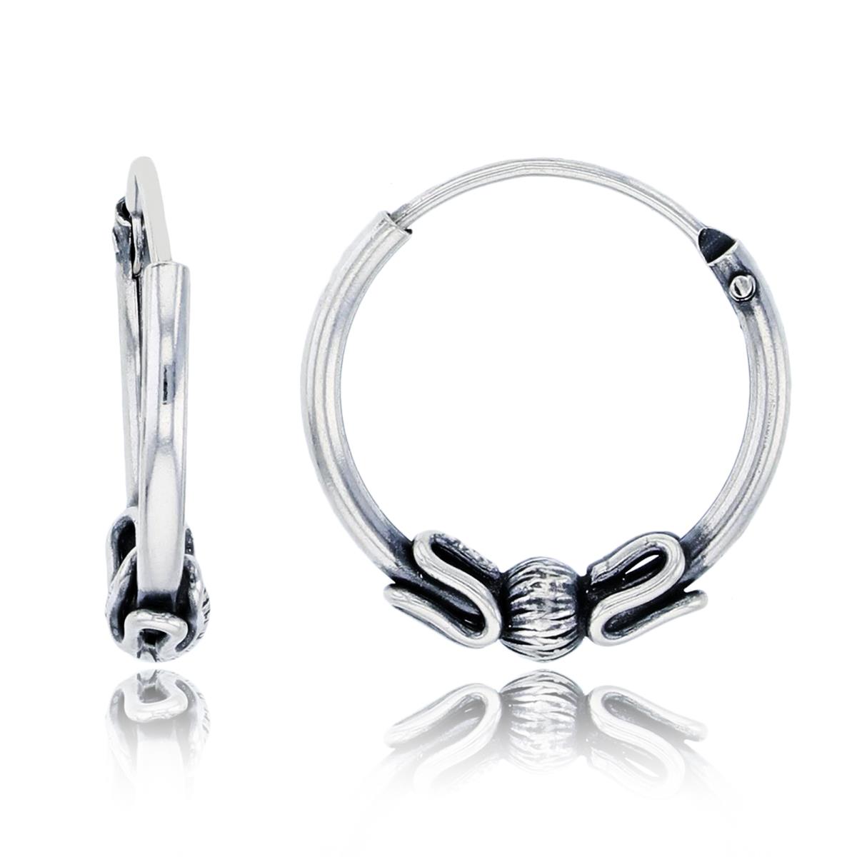 Sterling Silver Oxidized 15x3mm Snake Wire & Diamond Cut Bead Hoop Earring