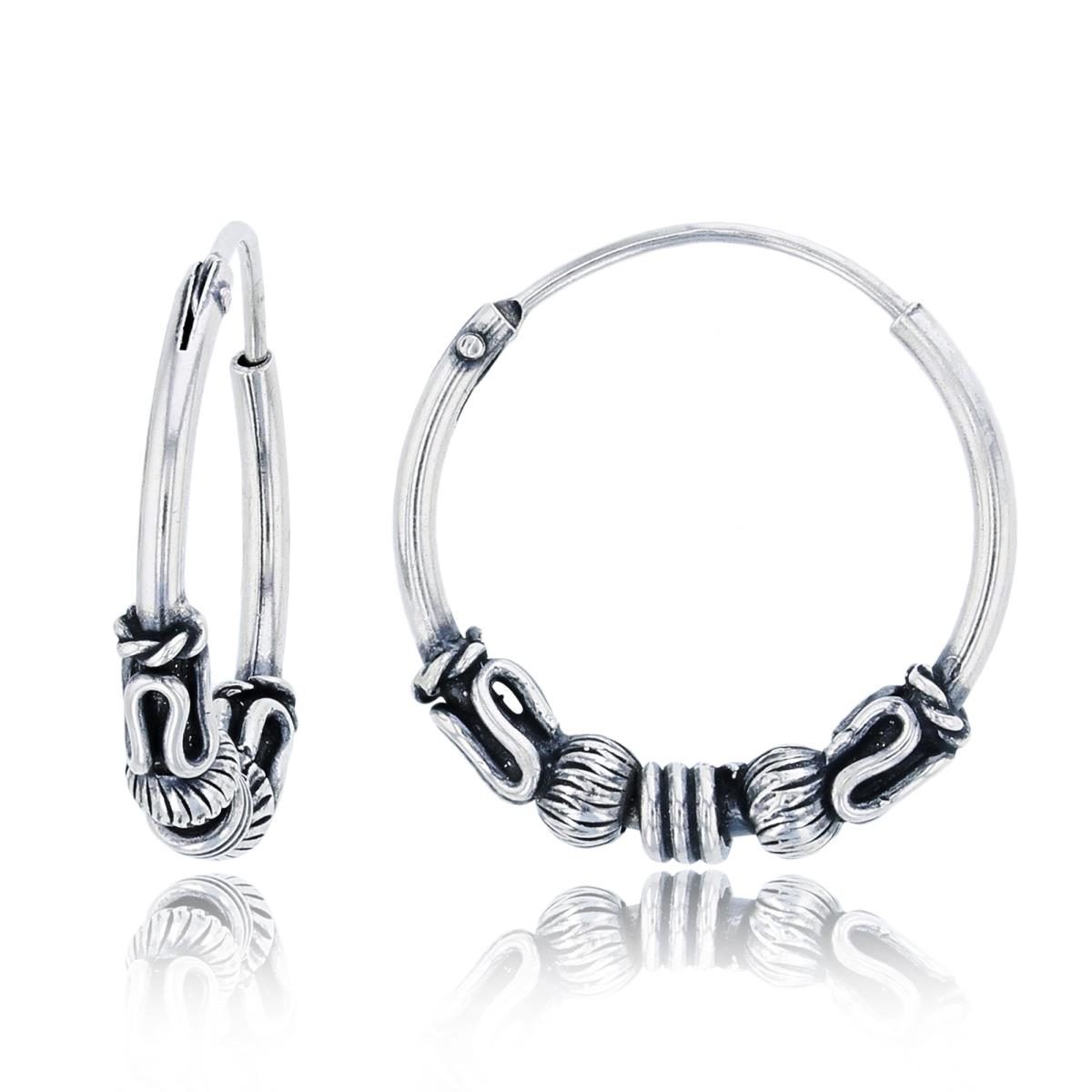 Sterling Silver Oxidized 17x3mm Spring, Diamond Cut Bead & Snake Wire Hoop Earring
