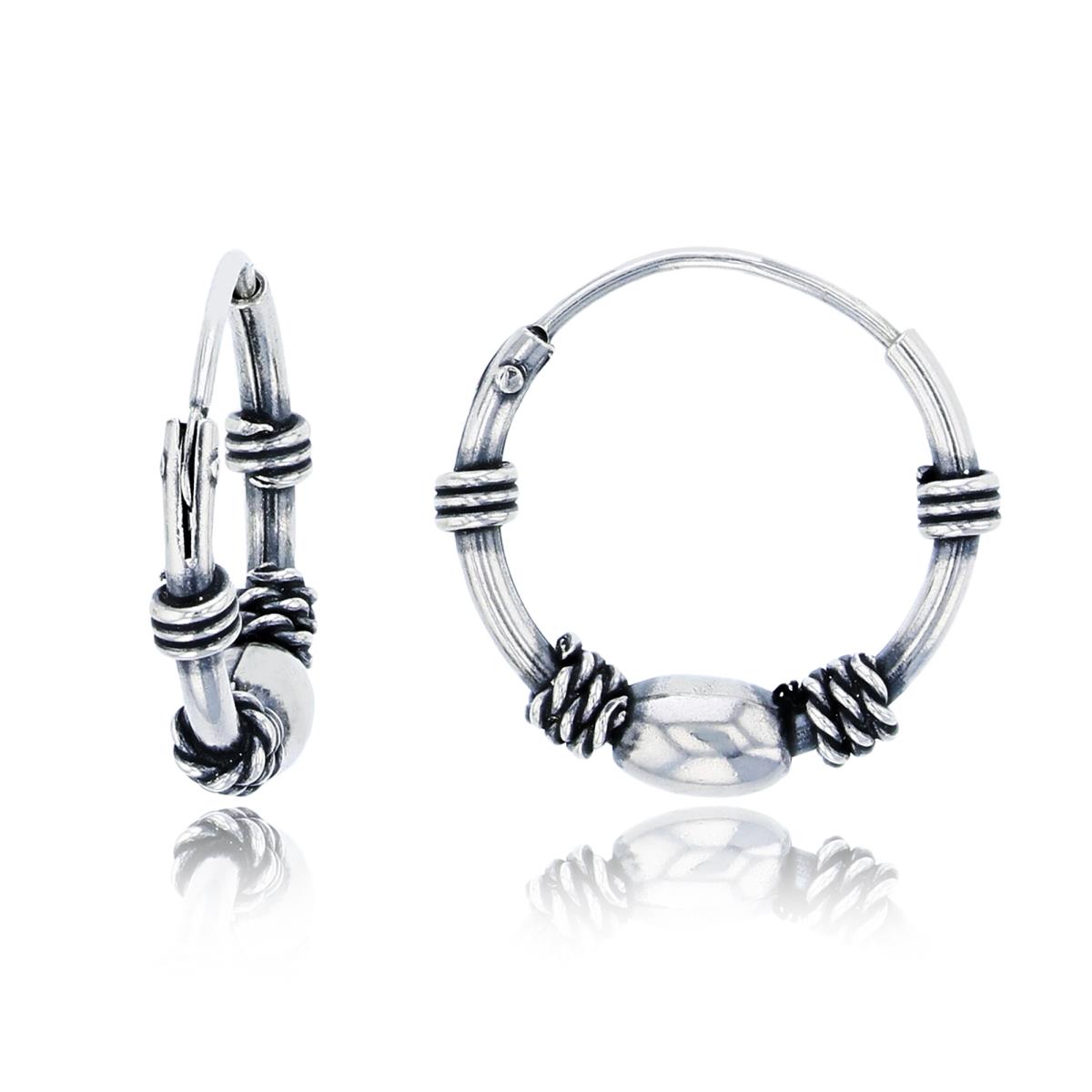 Sterling Silver Oxidized 14x3mm Spring, Rope & Elongated Bead Hoop Earring