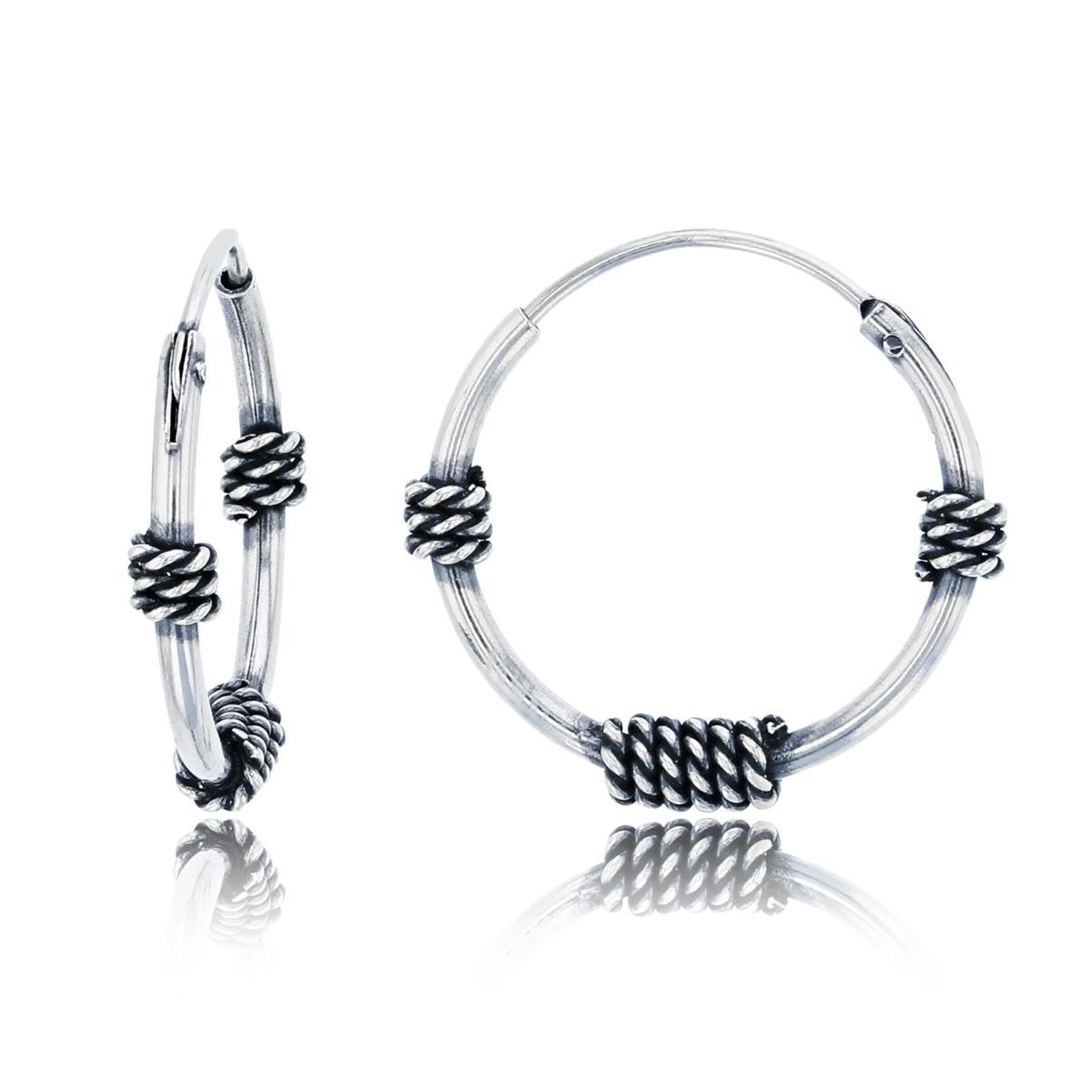 Sterling Silver Oxidized 17x3mm Rope Station Hoop Earring