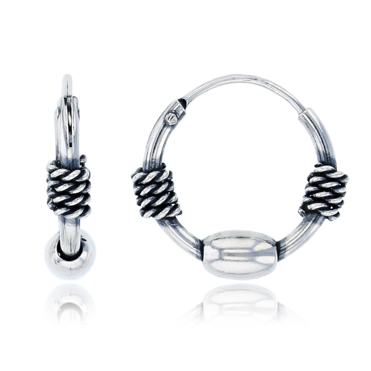 Sterling Silver Oxidized 10x3mm Rope & Elongated Bead Hoop Earring