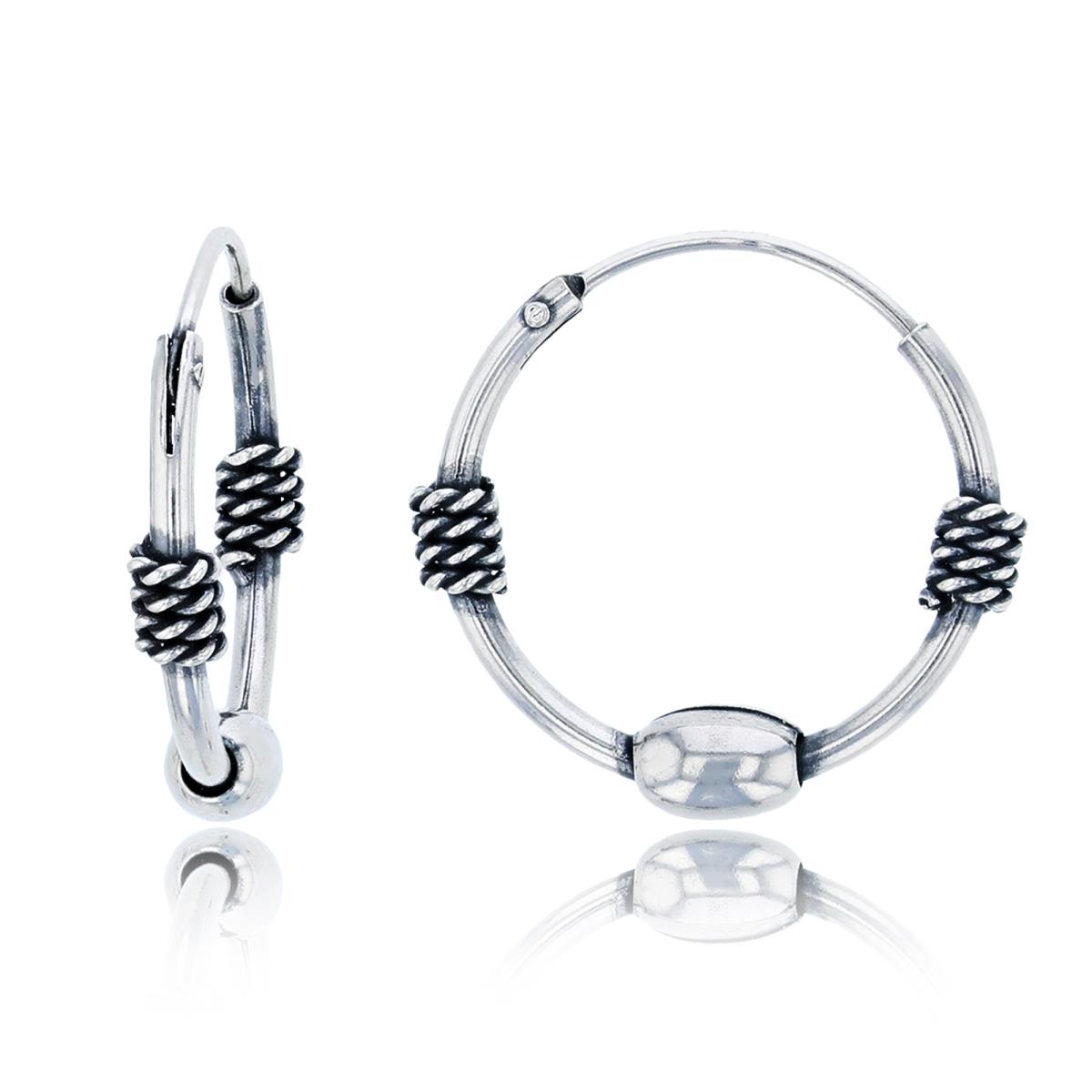 Sterling Silver Oxidized 15x3mm Rope & Elongated Bead Hoop Earring