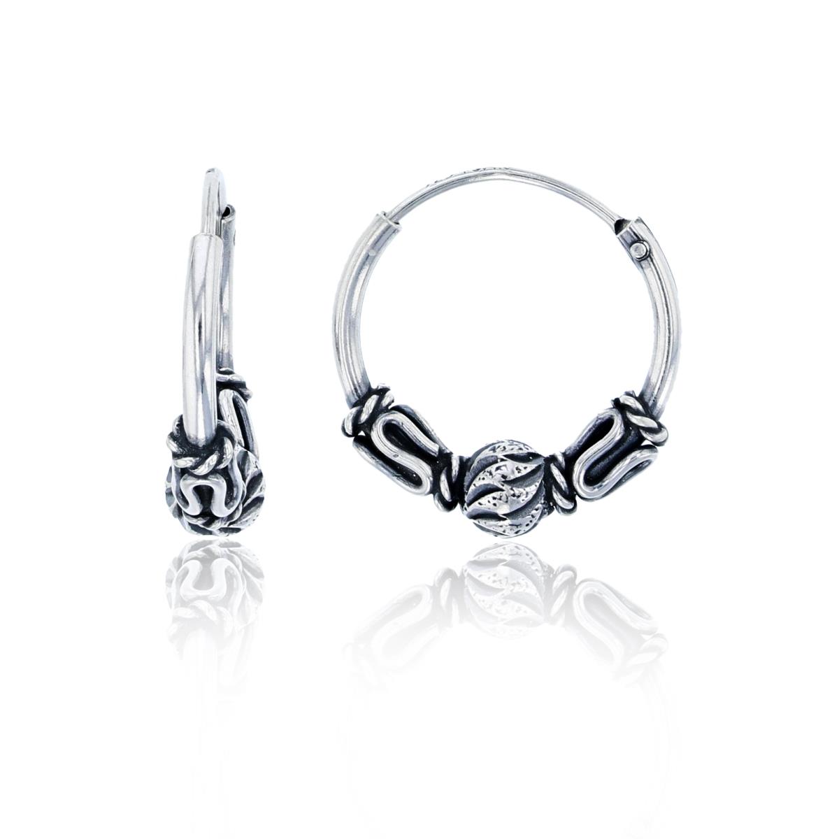 Sterling Silver Oxidized 15x4mm Snake Wire & Diamond Cut Bead Hoop Earring