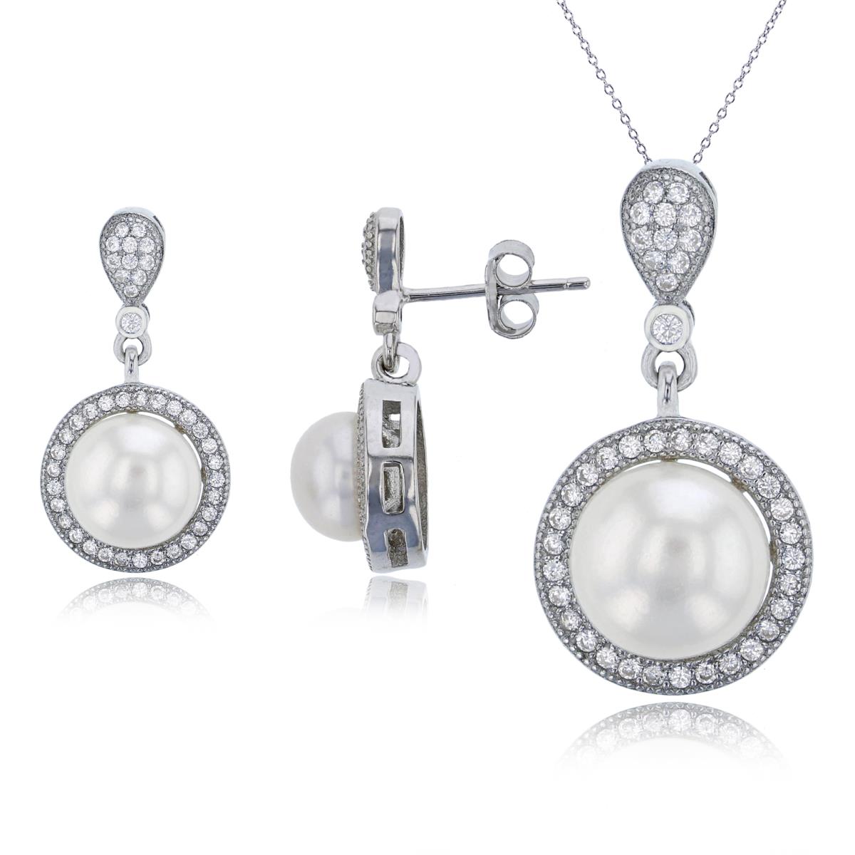 Sterling Silver Rhodium 8-9mm Freshwater Pearl & White CZ Halo 18" Necklace & Earring Set