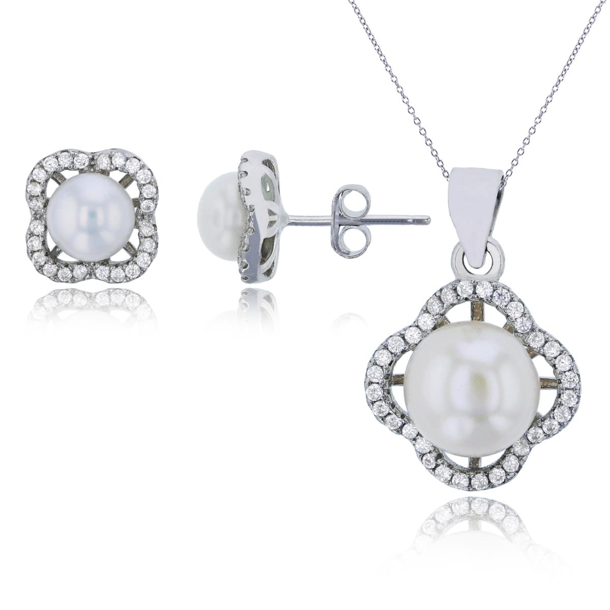 Sterling Silver Rhodium 6.5-9mm Freshwater Pearl & White CZ Clover 18" Necklace & Earring Set