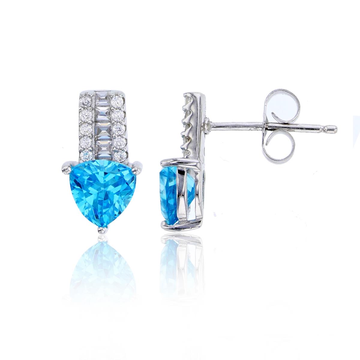 Sterling Silver Rhodium 6x6mm Blue Trillion Cut CZ & White Baguette Drop Earring