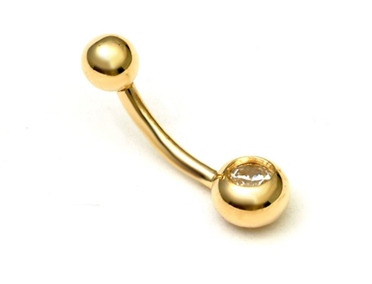 14K Yellow Gold 4.5mm Round Cut CZ Bezel Curved Navel Barbell