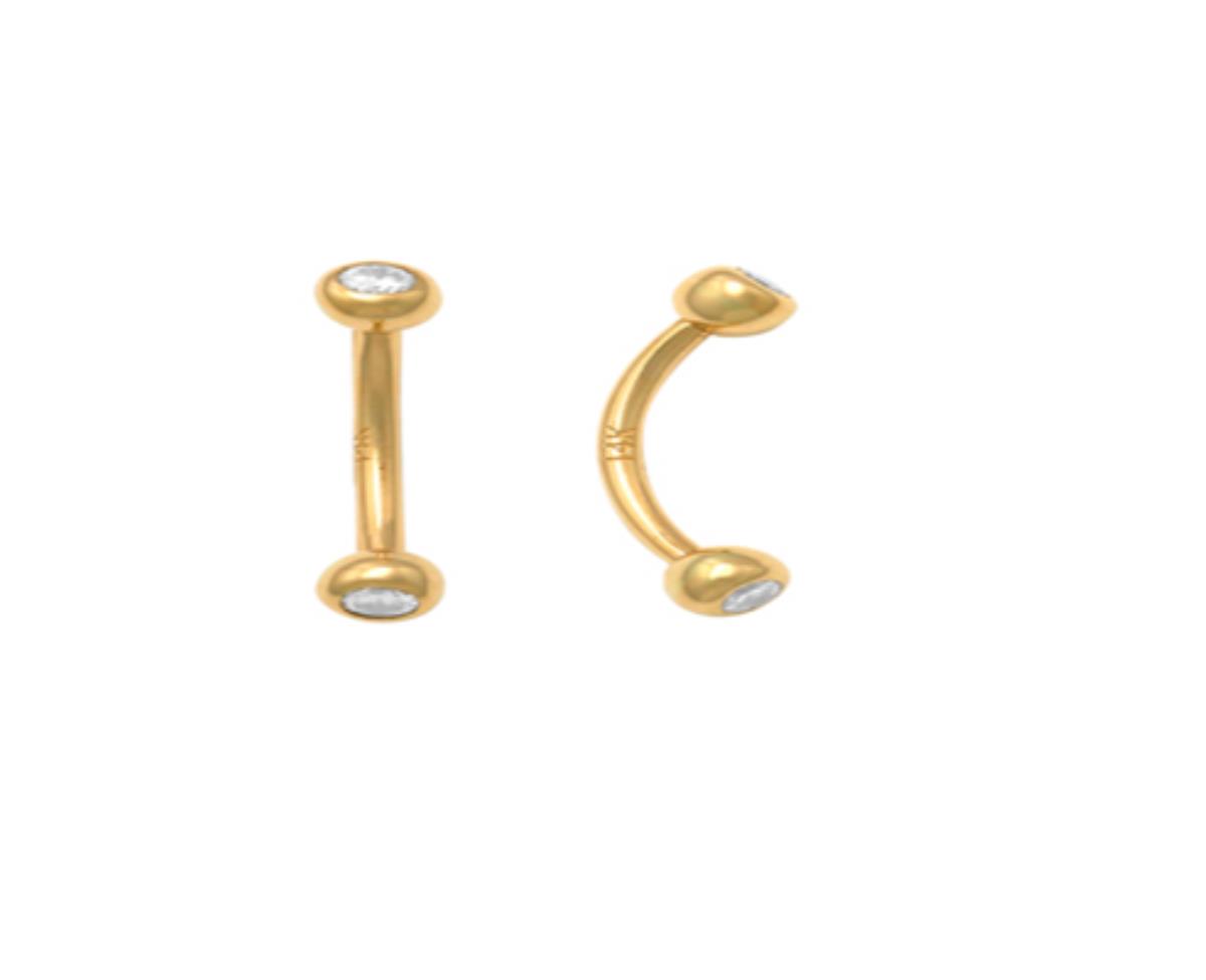 14K Yellow Gold 2mm Round Cut CZ Bezel Curved Eyebrow Barbell