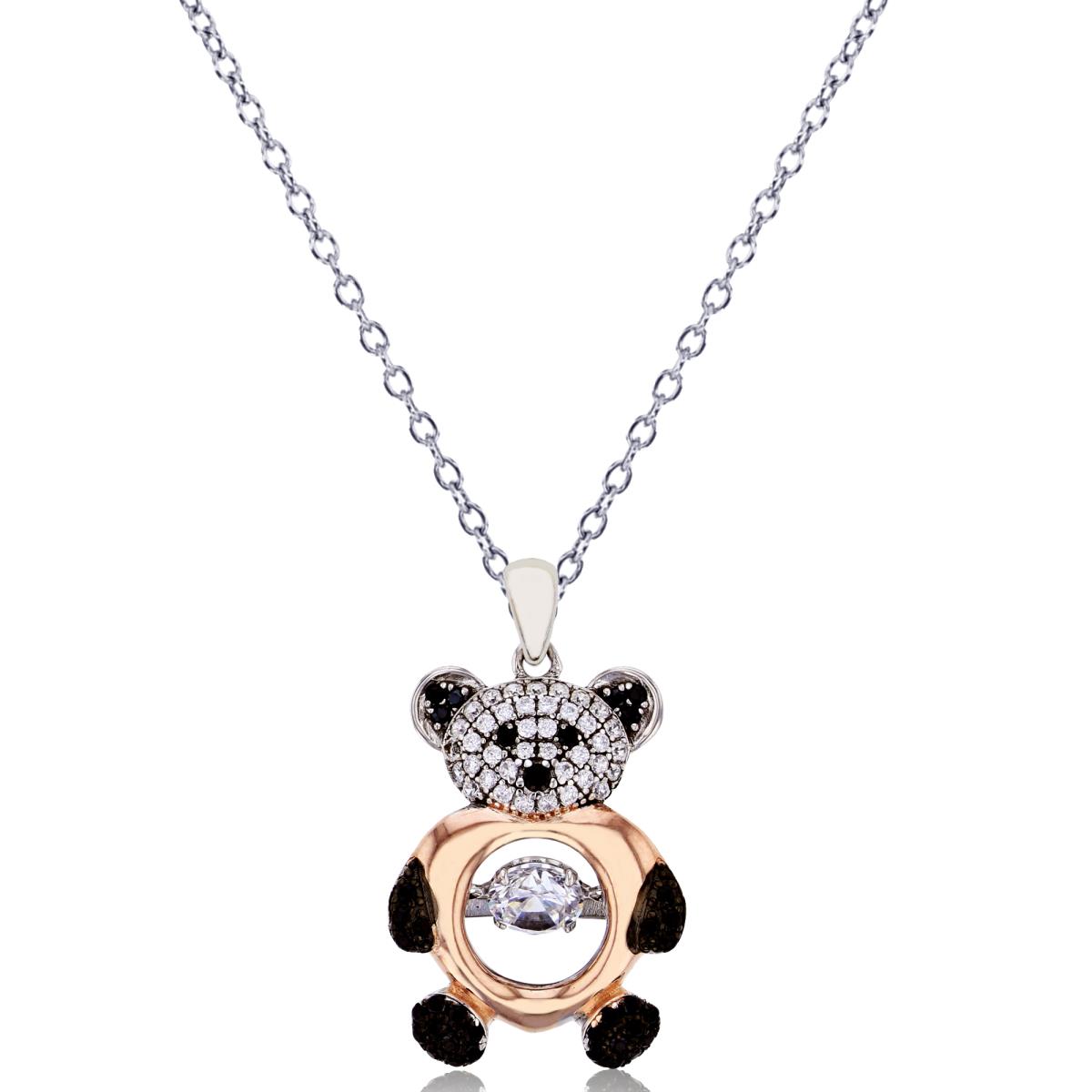 Sterling Silver Rhodium & 1-Micron Rose Micropave White+Black CZ Teddy Bear 18" Necklace
