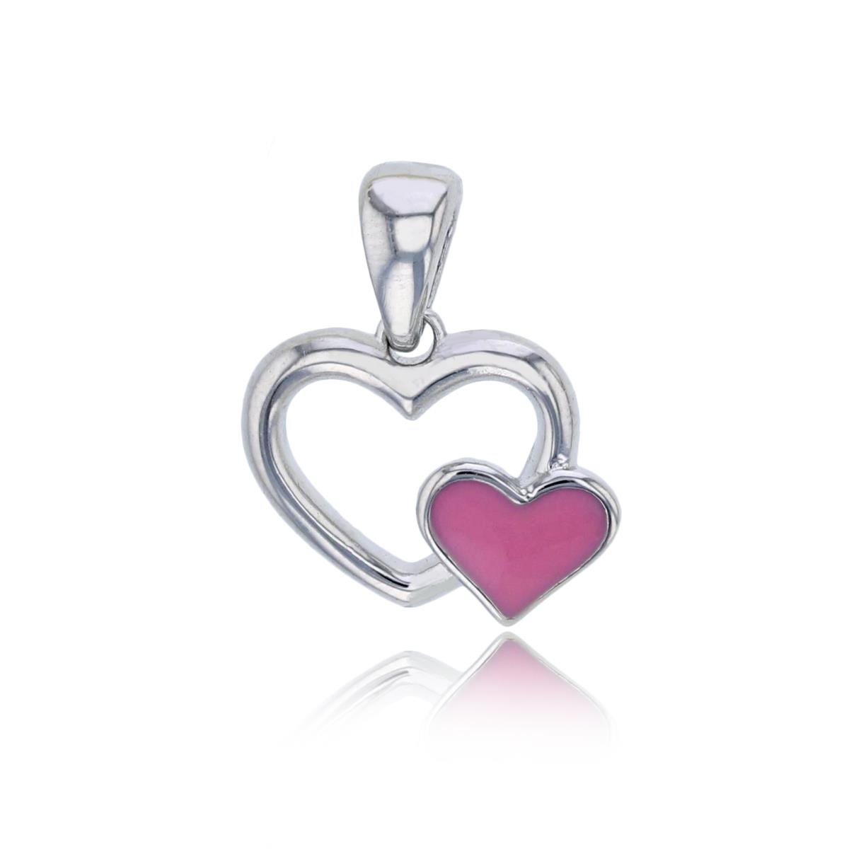 Sterling Silver Rhodium Polished & Pink Enamel 15x13mm Hearts Pendant