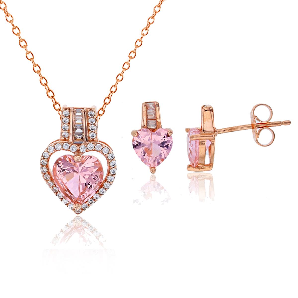 Sterling Silver Rose 1-Micron 8mm Morganite Heart Cut & White Baguette Channel Set 18" Necklace & Earring Set